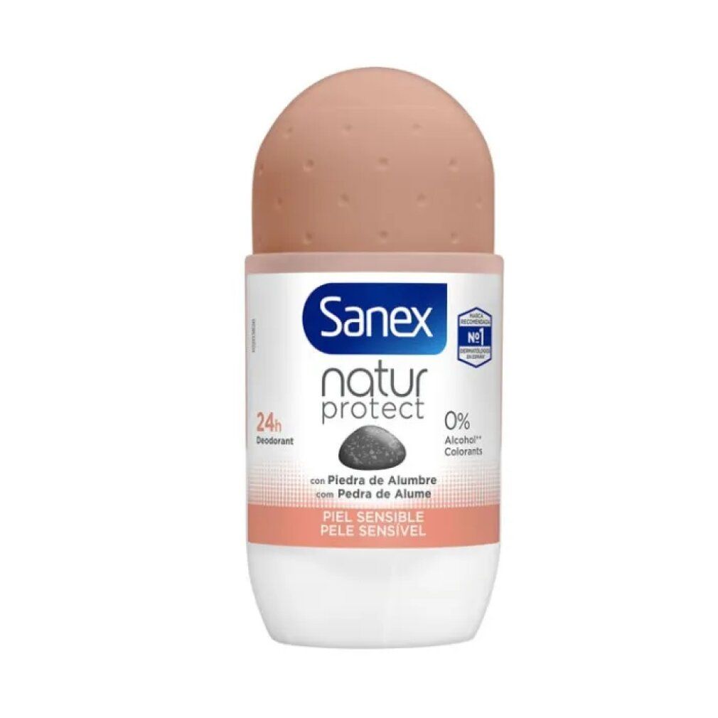 Deodorant-Roller von Sanex. Weißer Behälter mit braunem Deckel. Aufschrift: Natur Protect, 24h, 0% Alkohol. Für sensible Haut.