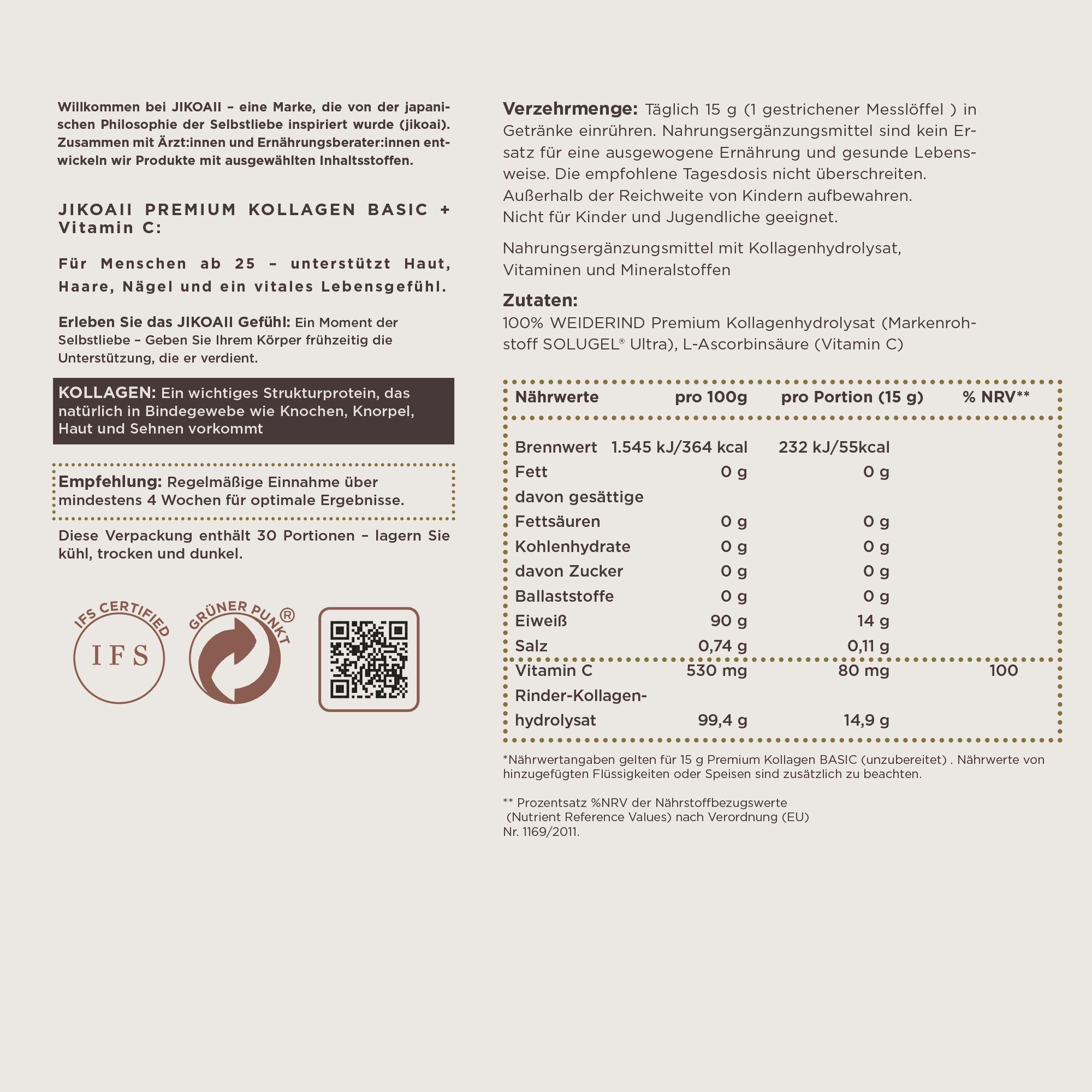 Rückseite der JIKOAII Kollagen Pulver Verpackung. Text: Inhaltsstoffe, Nährwerte, Anwendungsempfehlung. Zertifizierungen: IFS, Grüner Punkt.