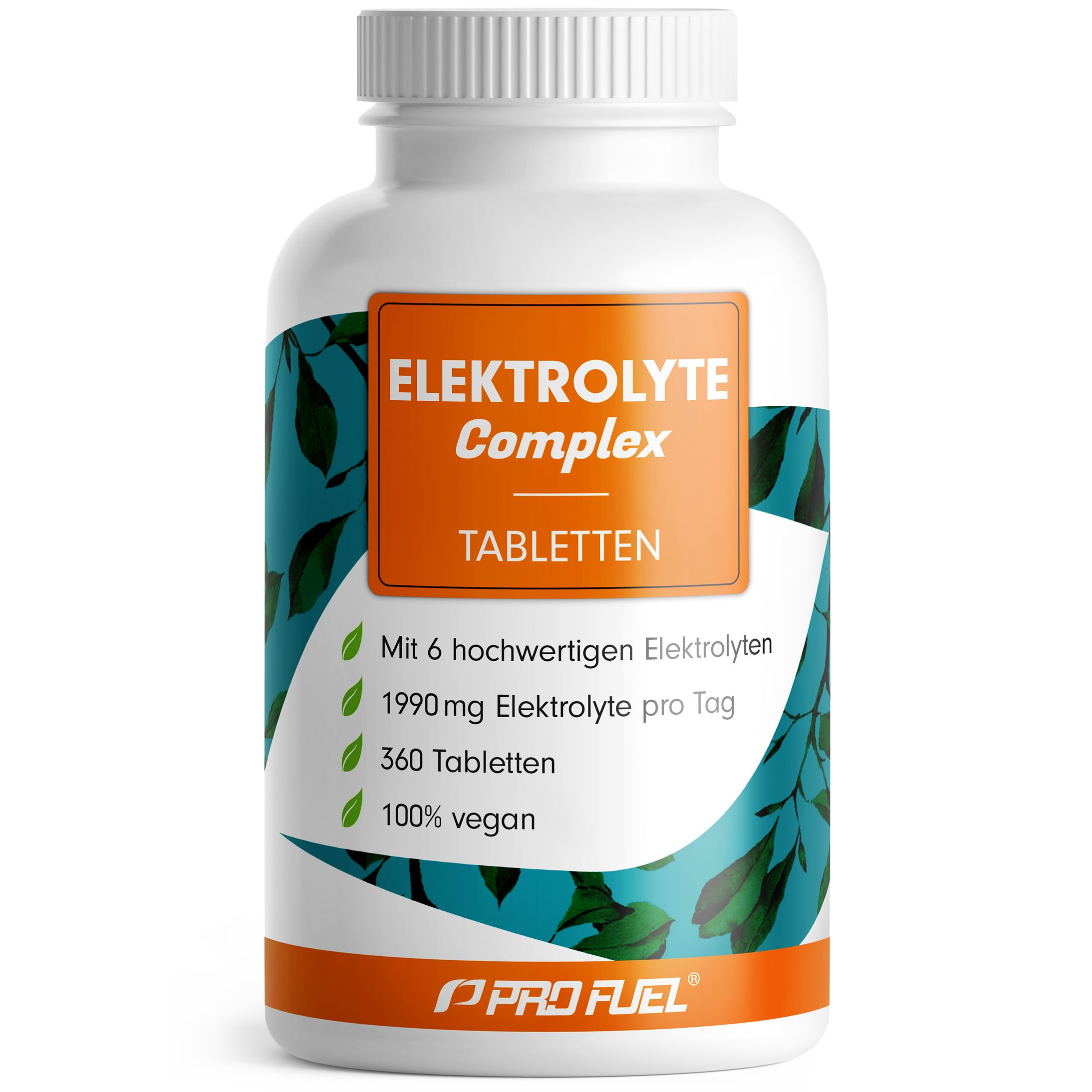 Weiße Flasche mit Elektrolyte Komplex Tabletten. 1990 mg Elektrolyte pro Tag. 360 Tabletten. 100% vegan. ProFuel Logo.