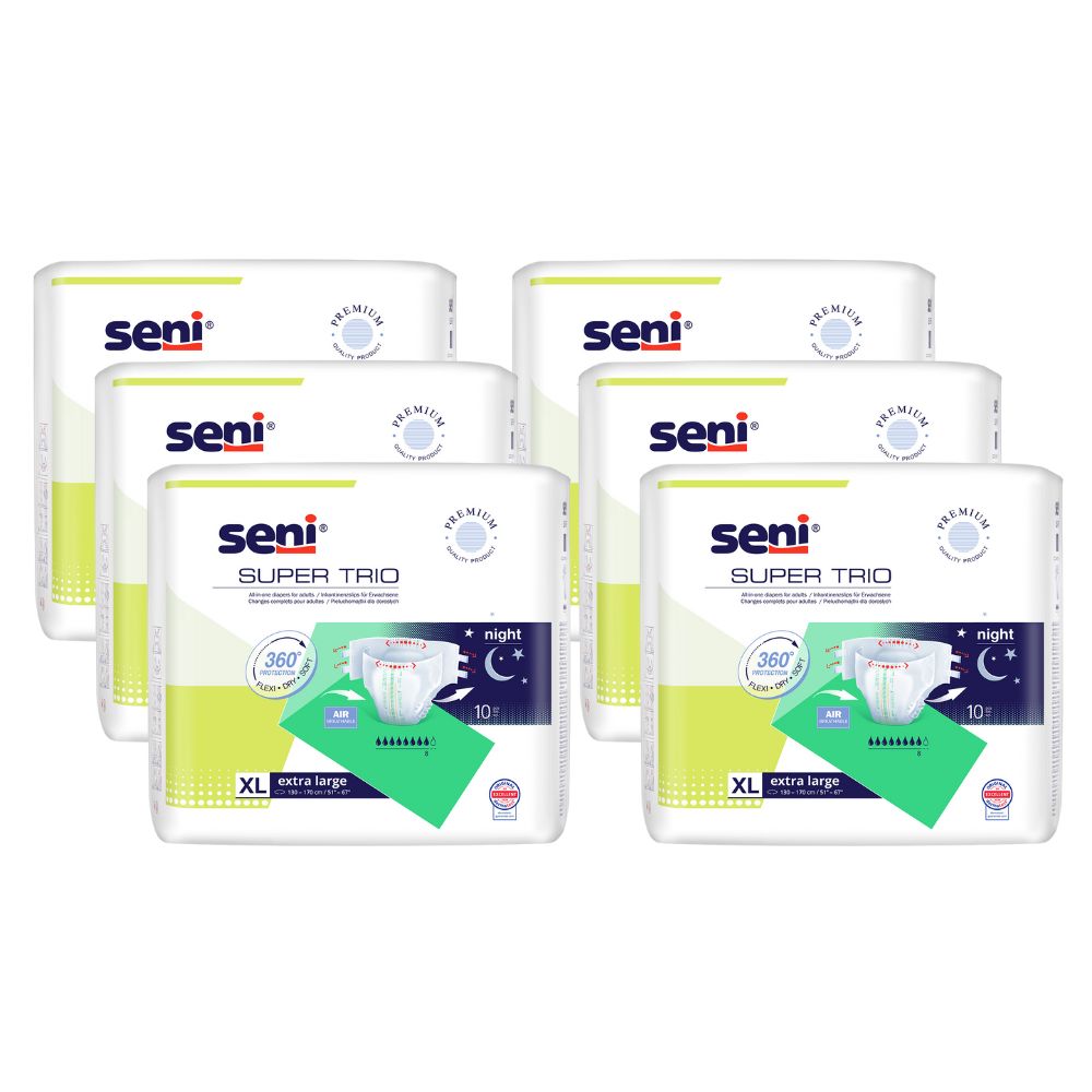 Mehrere Packungen mit Inkontinenzprodukten. Aufdruck: Seni Super Trio, XL, Nacht. Logo und Qualitätszeichen.