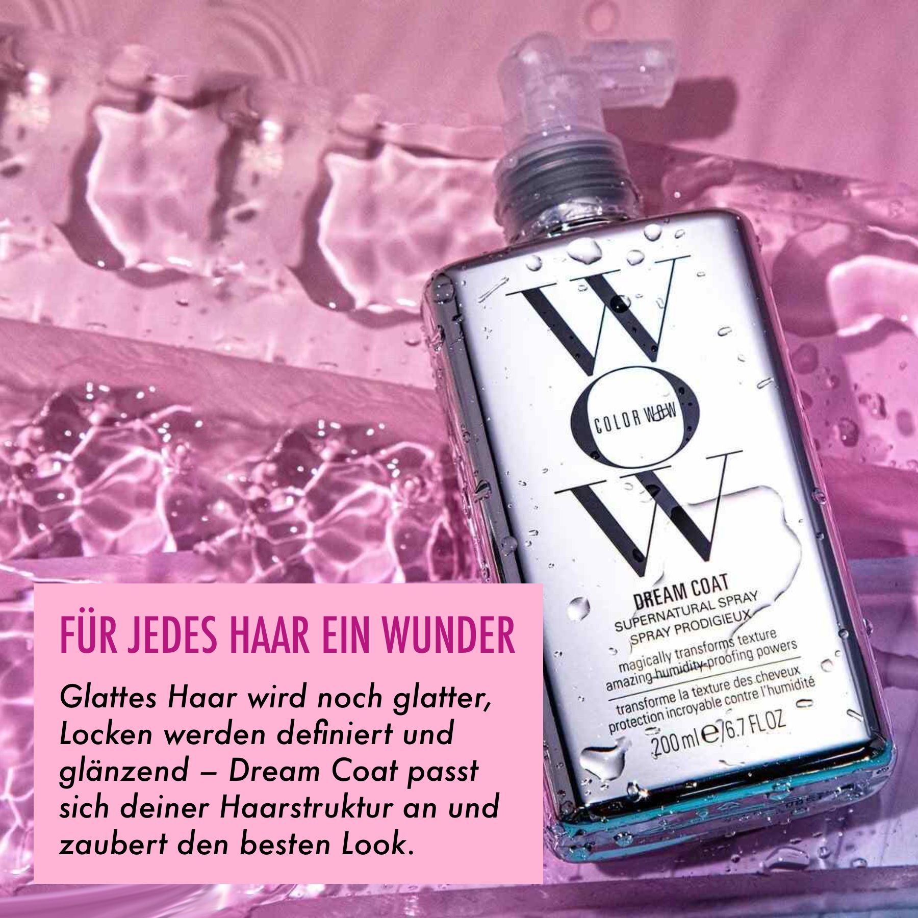 COLOR WOW Dream Coat Spray. Silberne Flasche mit Sprühkopf. Text: Glanz, Locken. Rosa Hintergrund.