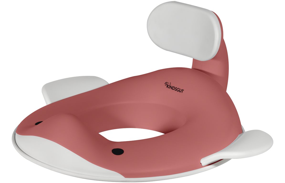 Altrosa Toilettensitz in Walform mit weißem Schwanz und Flossen. Schwarzes Auge. Marke Kindsgut.