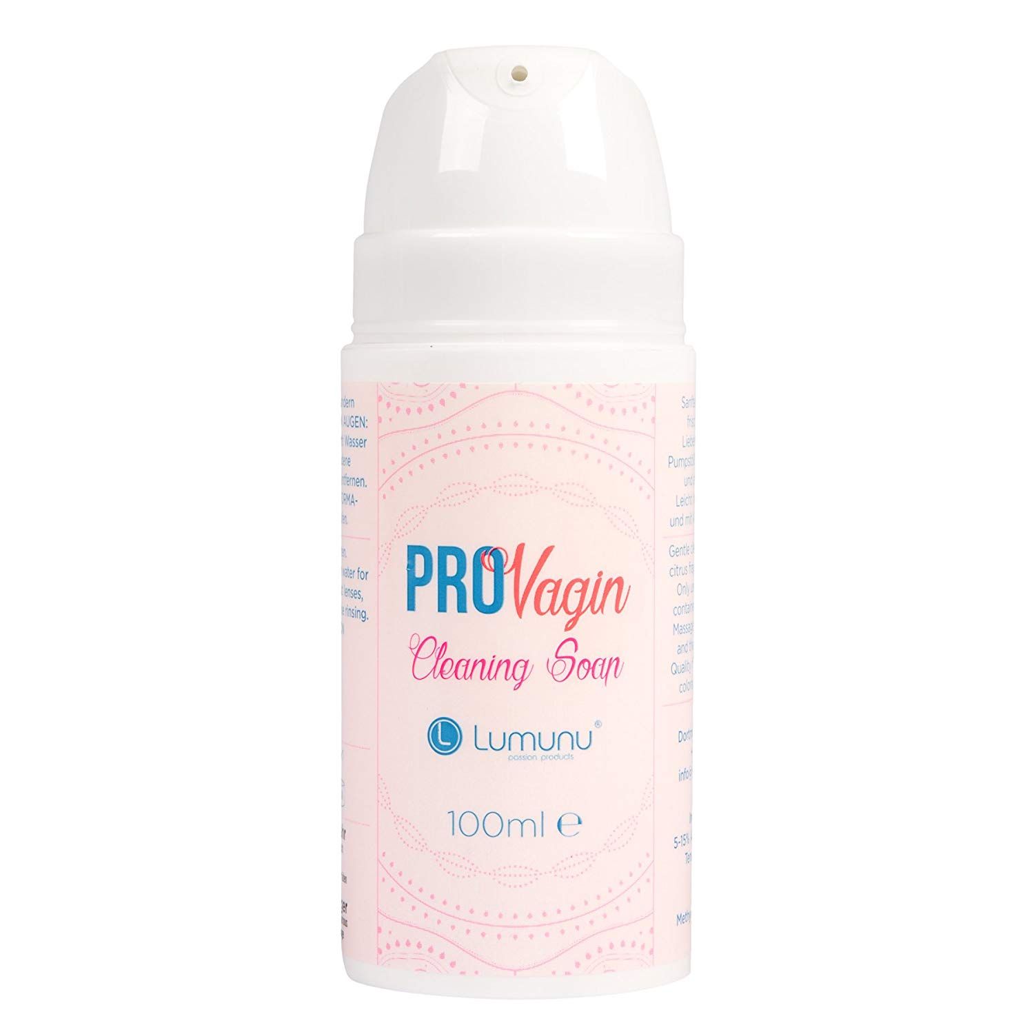 Weiße Flasche mit Pumpe. Aufschrift PROVagin Cleaning Soap, Logo Lumunu, 100ml.