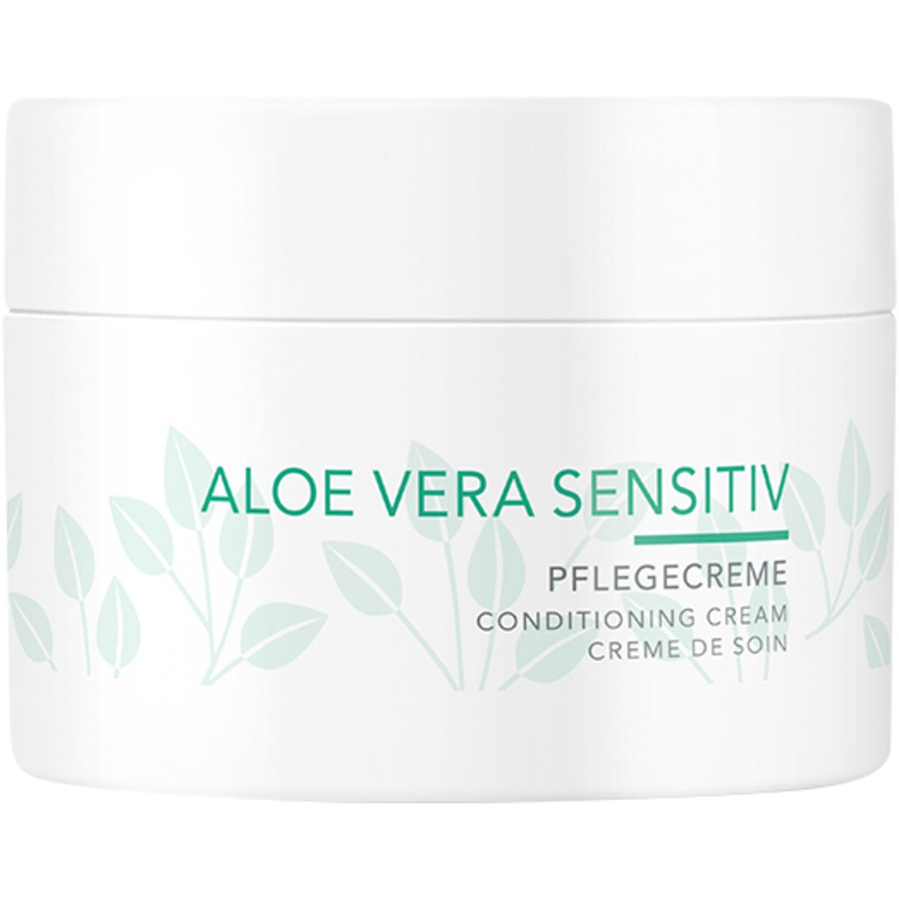 Weißer Tiegel mit Aufschrift Aloe Vera Sensitiv, Pflegecreme. Logo und Produktbezeichnung. Deckel und Dose.