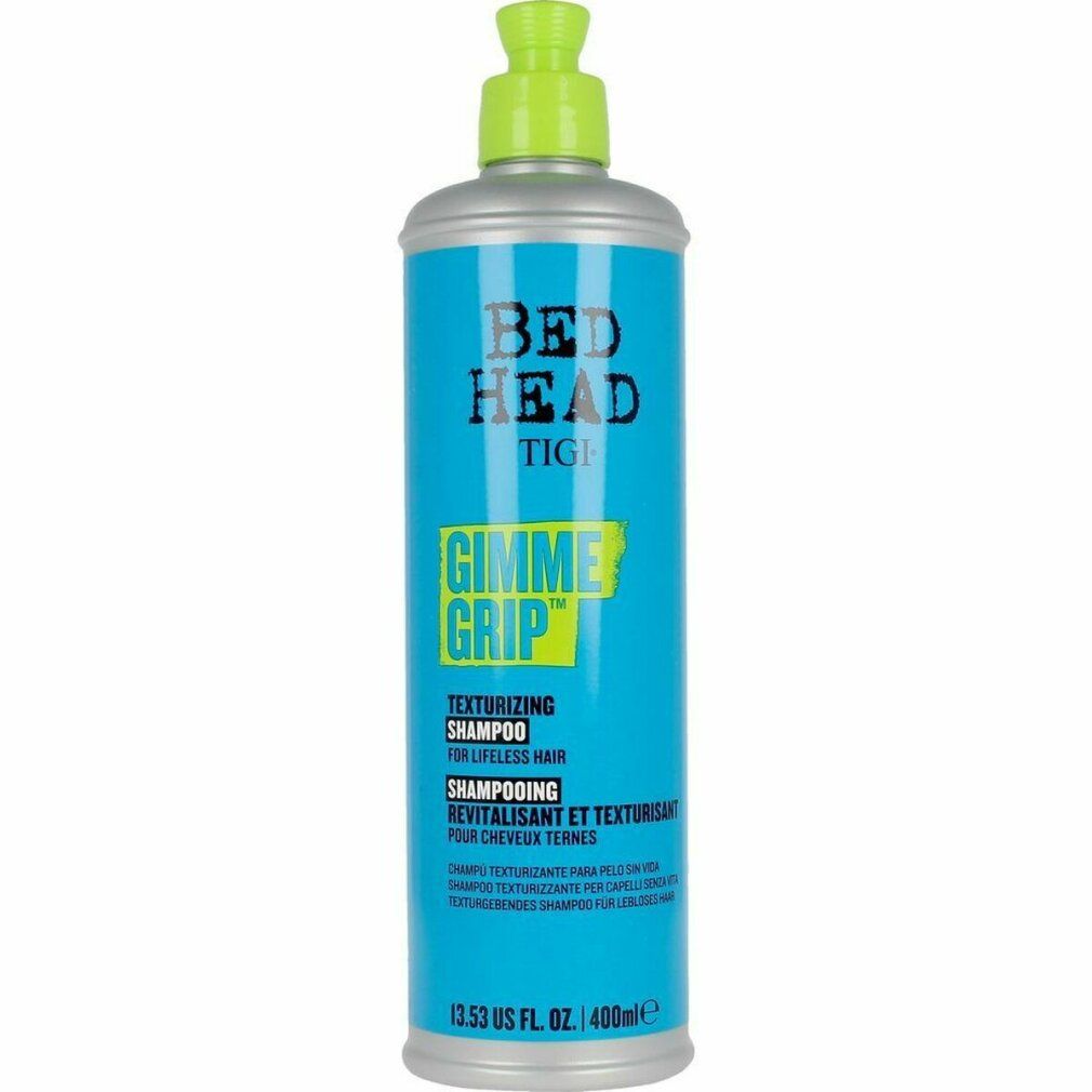 Türkisblaue Shampoo-Flasche mit grünem Pumpkopf. Aufschrift: Bed Head TIGI Gimme Grip Texturizing Shampoo.