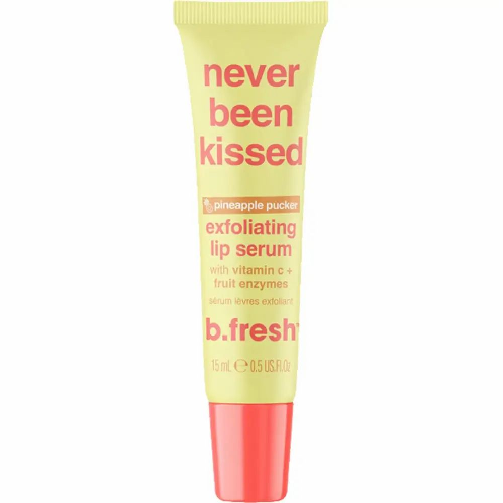 Gelbe Tube mit rotem Verschluss. Aufschrift: "never been kissed exfoliating lip serum" und "b.fresh".