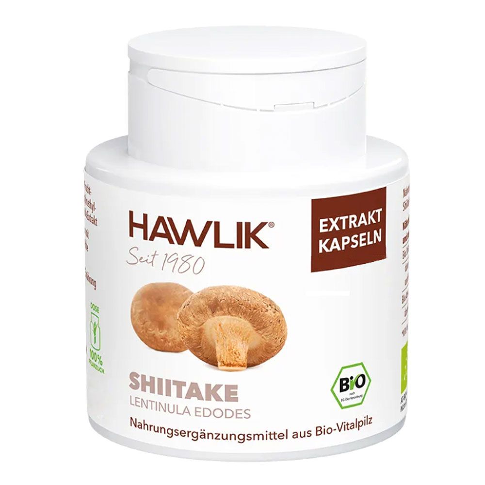 Weiße Dose mit Shiitake-Pilz-Abbildung. Aufschrift: HAWLIK, Extrakt Kapseln, Bio-Vitalpilz. Bio-Siegel.