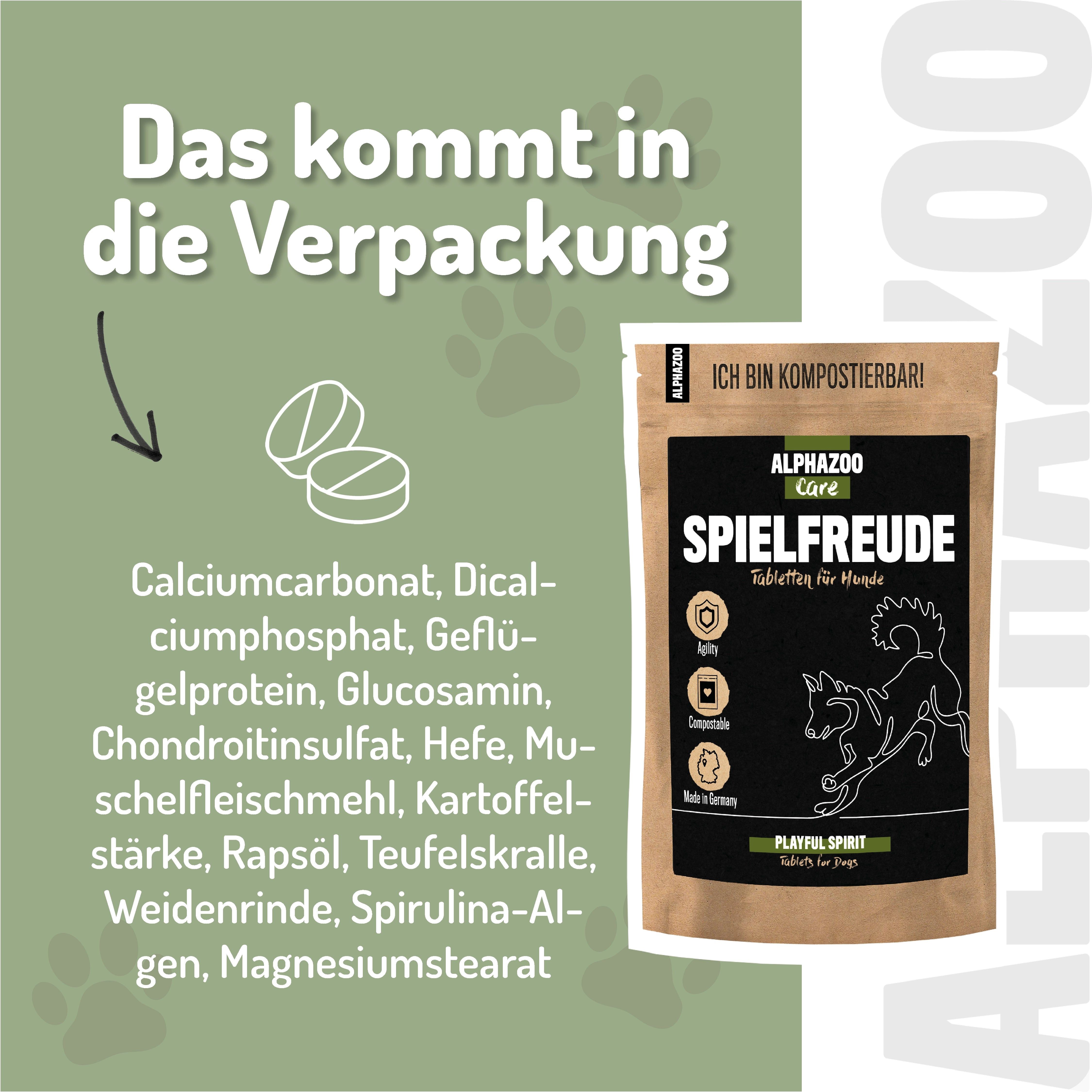 Inhaltsstoffe von Tabletten. Text: Calciumcarbonat, Dicalciumphosphat, Geflügelprotein, Glucosamin, Chondroitinsulfat, Hefe, Muschelfleischmehl.