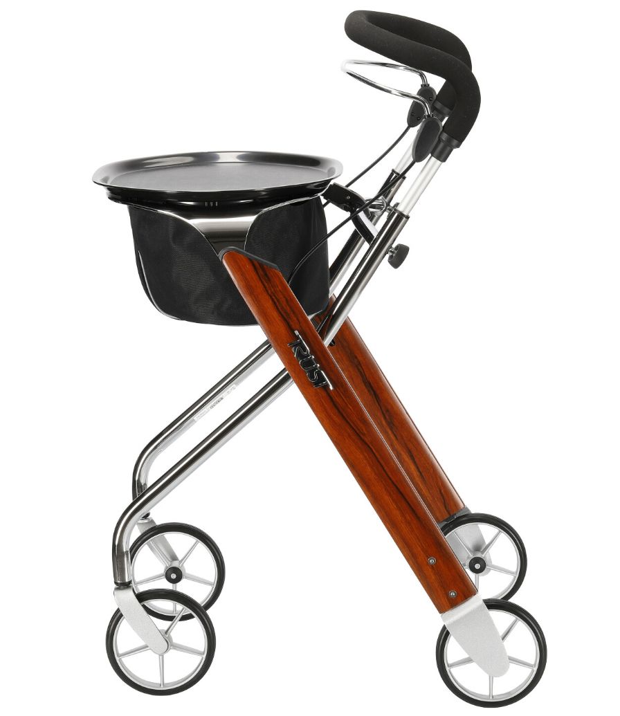 Rollator mit Holzoptik, schwarzem Korb und Tablett. Vier Räder, schwarze Griffe. Marke: TRUST.