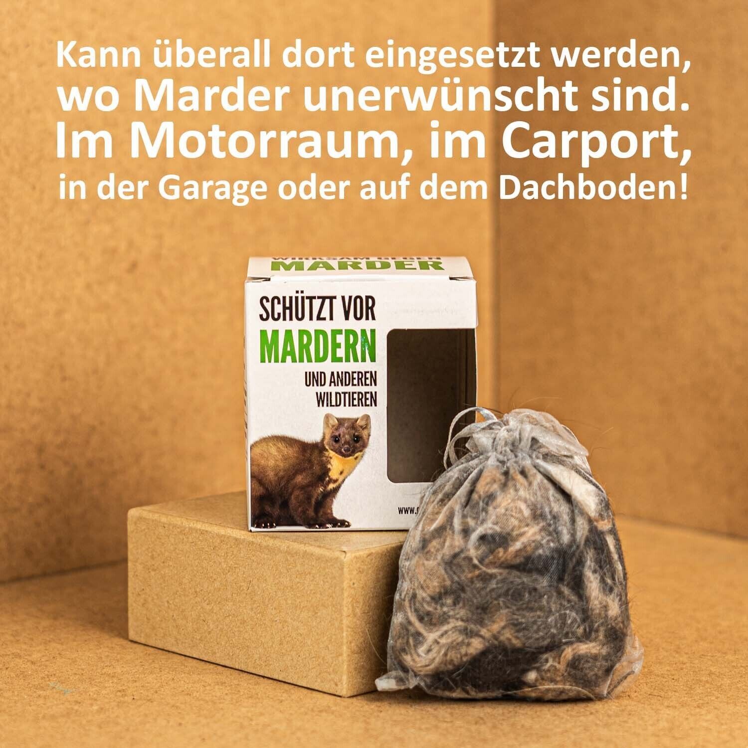 Produktverpackung und Beutel mit Inhalt. Text: Kann überall eingesetzt werden, wo Marder unerwünscht sind. Hintergrund: braun.