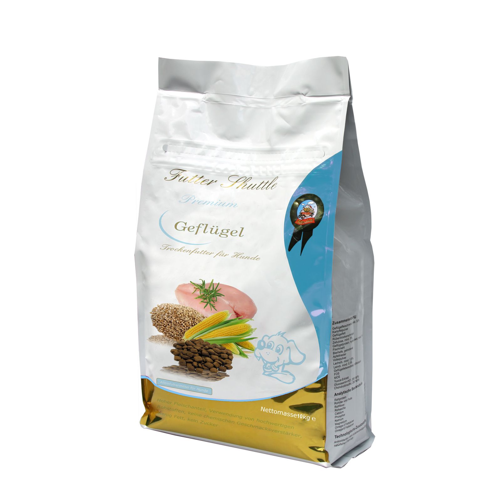 Hundefutter-Beutel. Aufschrift "Geflügel". Abbildung von Zutaten: Getreide, Fleisch, Mais. Logo mit Hund.