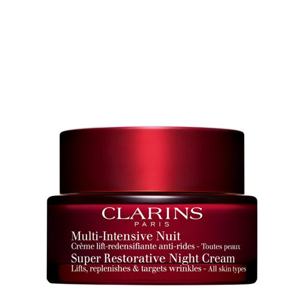 Roter Tiegel mit schwarzem Deckel. Aufschrift: Clarins Paris, Multi-Intensive Nuit, Super Restorative Night Cream.