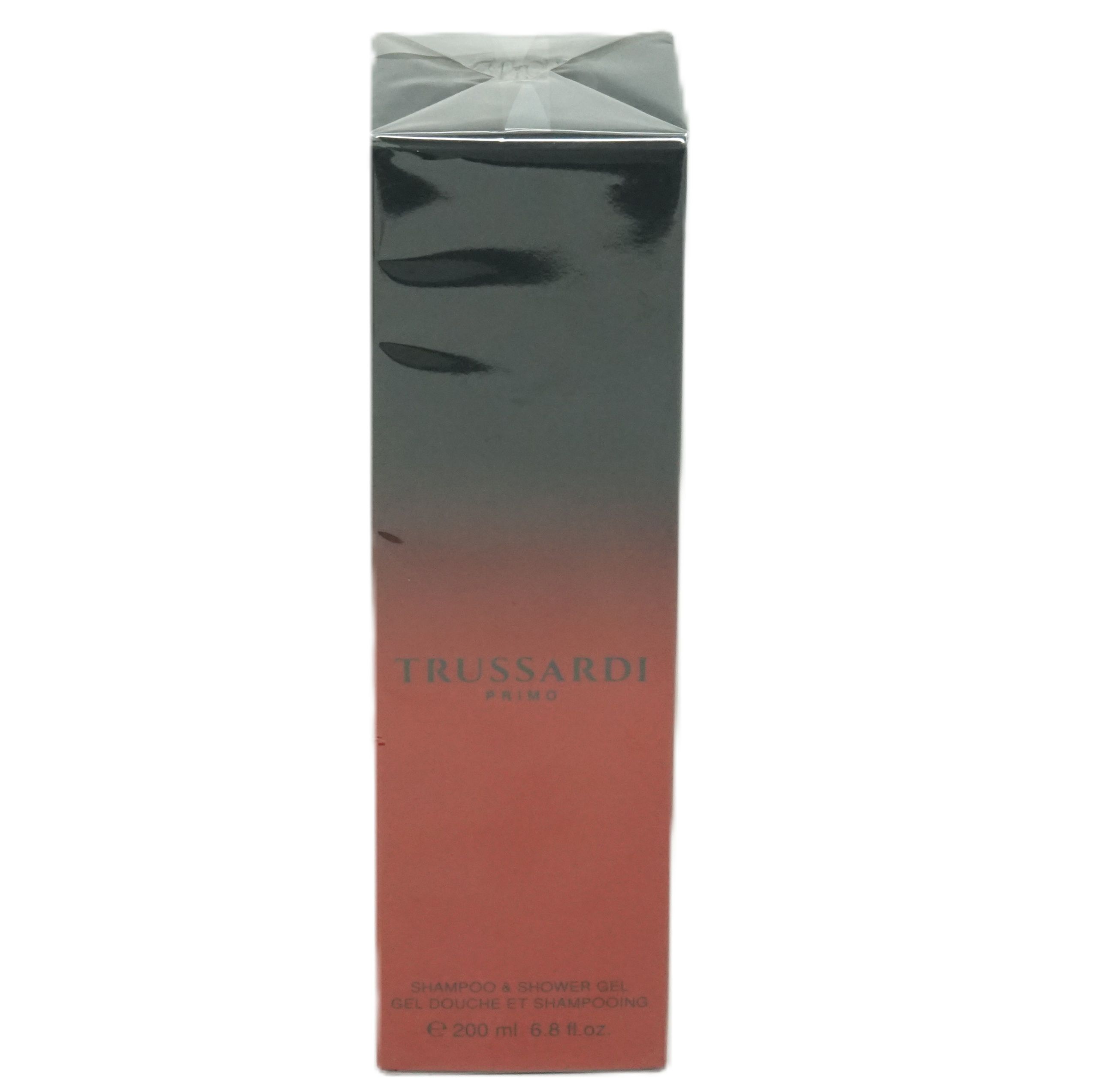 Hohe, rechteckige Verpackung. Schwarzer Deckel, roter Farbverlauf. Schriftzug Trussardi Primo. Shampoo & Shower Gel.
