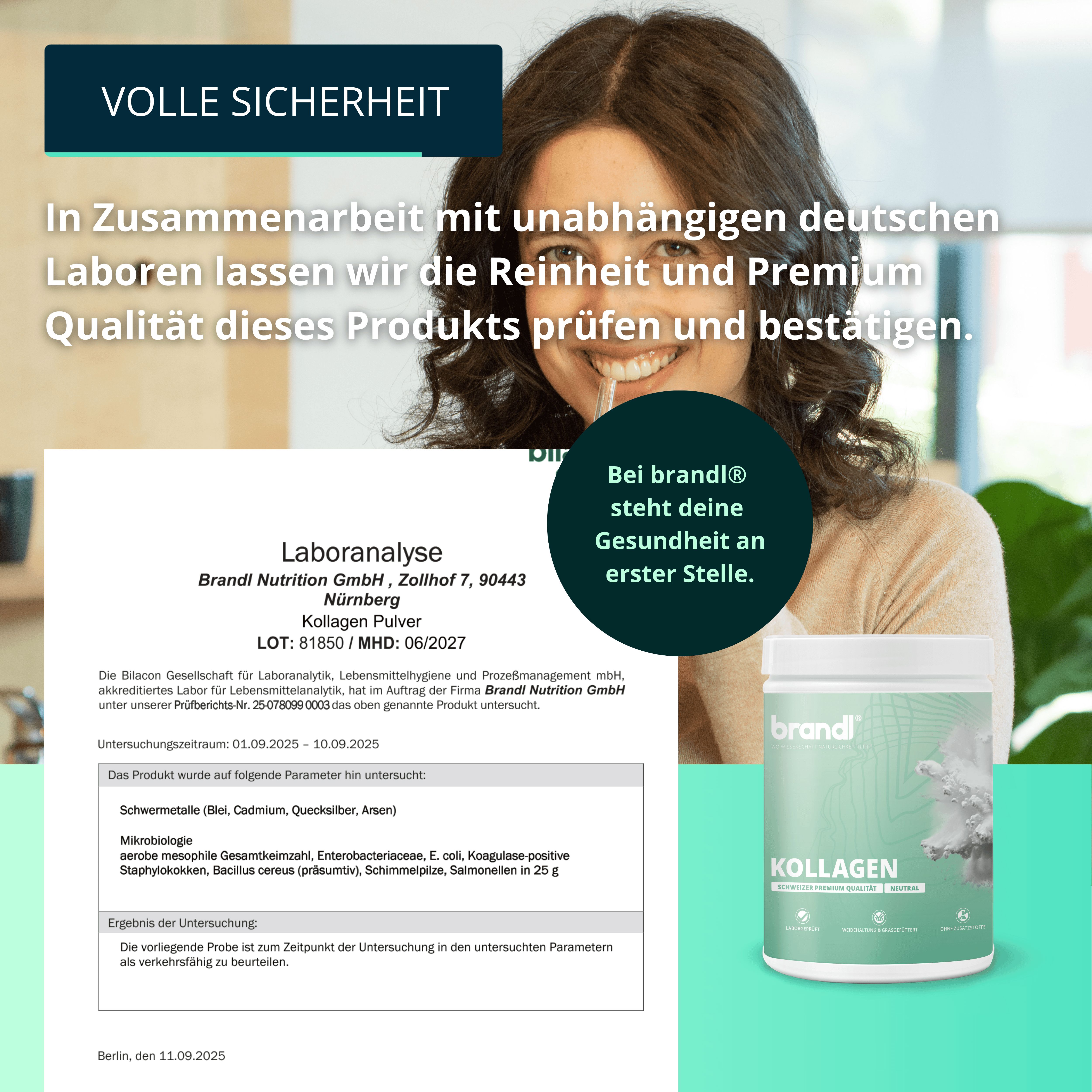 Laboranalyse-Dokument. Daneben Produktglas mit grünem Etikett. Text: brandl Kollagen.