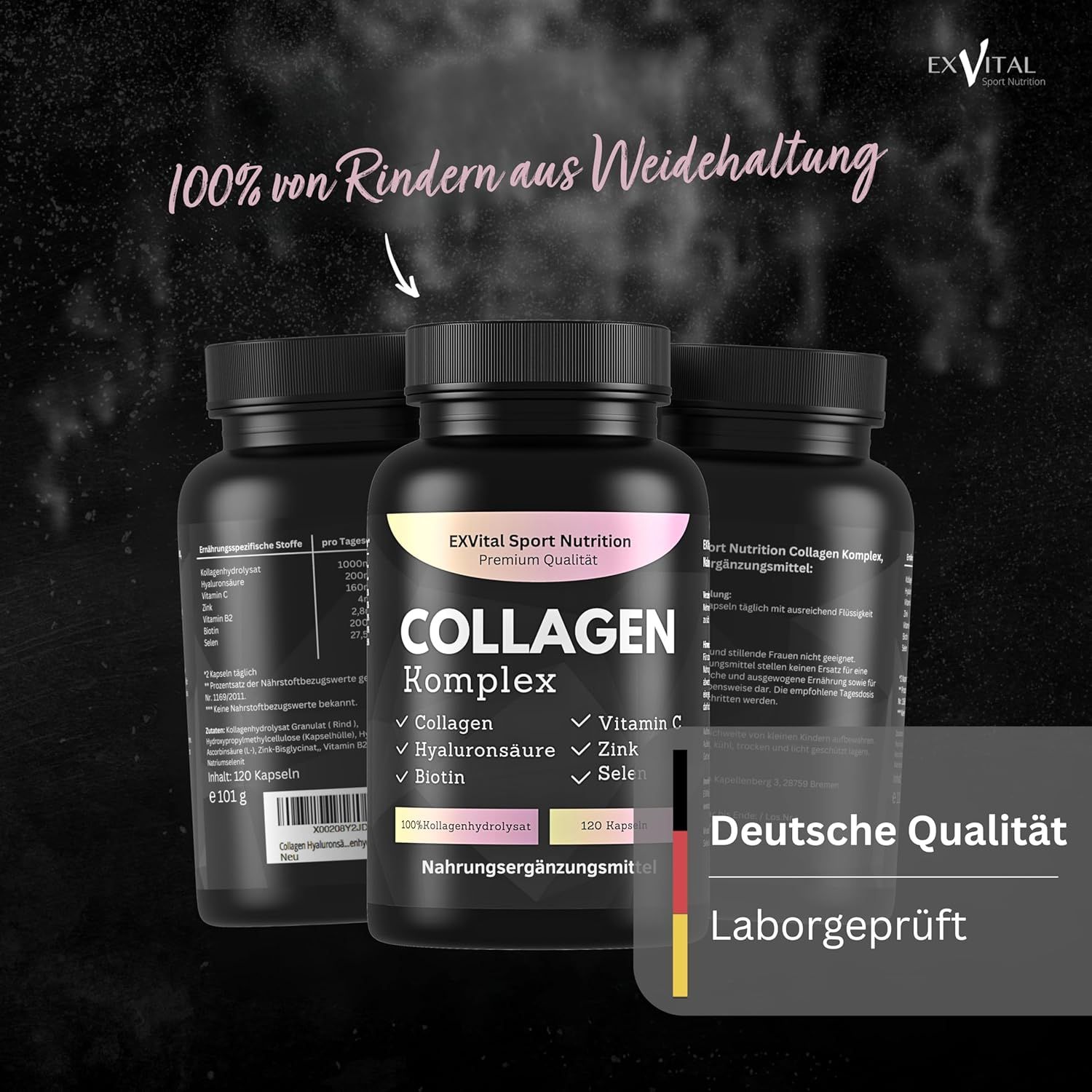 Drei schwarze Flaschen EXVital Collagen Komplex Kapseln. 120 Kapseln. Enthält Collagen, Hyaluronsäure, Biotin, Vitamin C, Zink und Selen. Deutsche Qualität, Laborgeprüft.