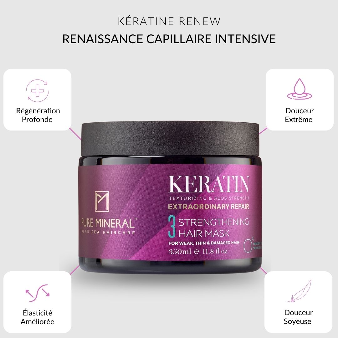 Pot de masque capillaire avec texte et icônes. Marque : Pure Mineral. Kératine Renew. Régénération profonde, douceur extrême.