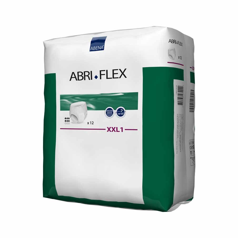 Abena Abri-Flex Premium XXL1 Verpackung, schräg. Weiß-grüne Verpackung mit Produktabbildung und Schriftzug. Enthält 12 Stück.