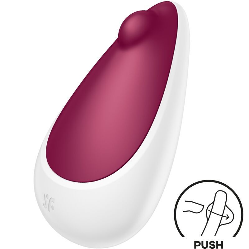Weiß-lila Vibrator. Tropfenförmig mit weißem Gehäuse und lila Innenseite. Bedienhinweis mit Finger.