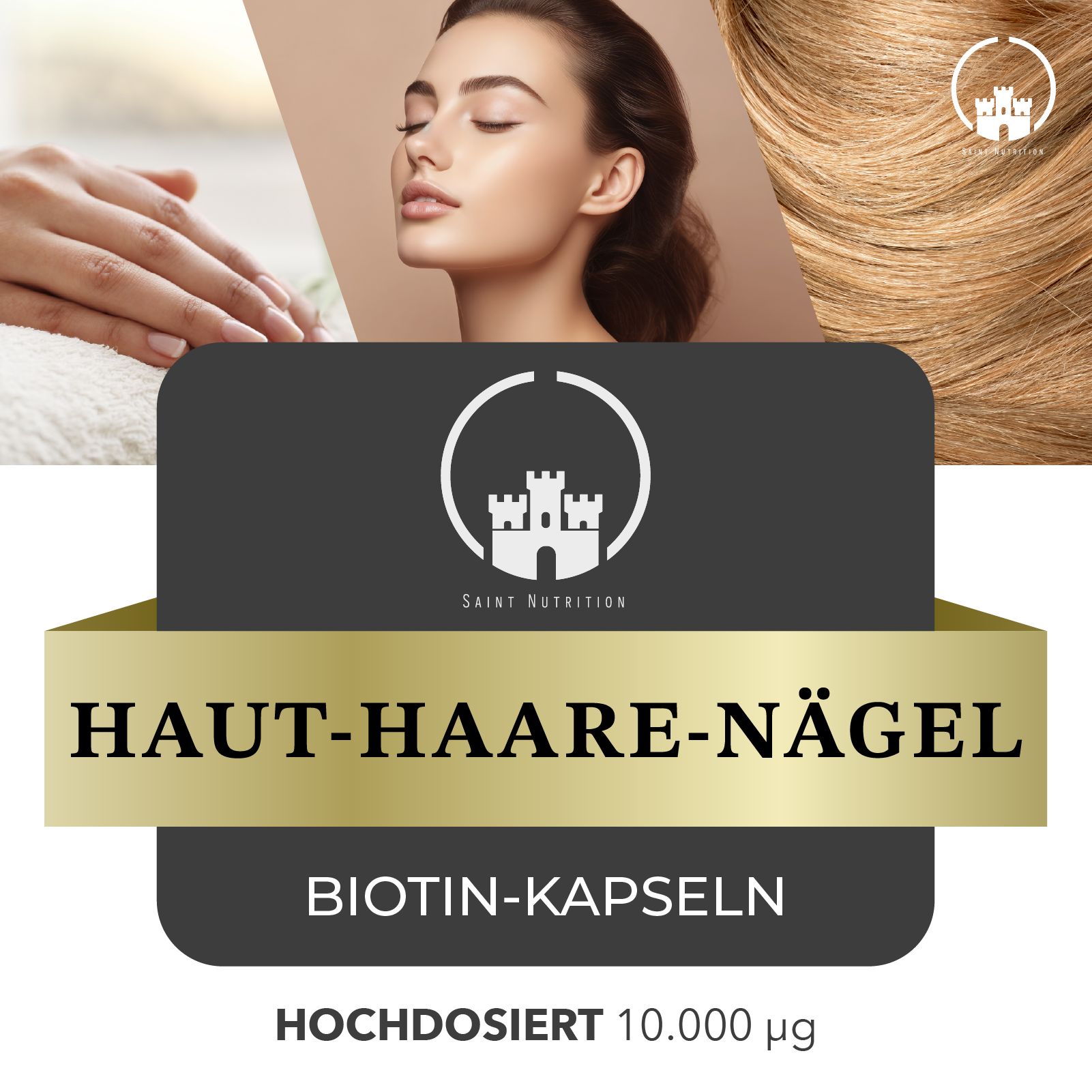 Werbebild mit Frau, Haaren und Produktlogo 'Haut-Haare-Nägel' mit Schriftzug 'Biotin-Kapseln'.