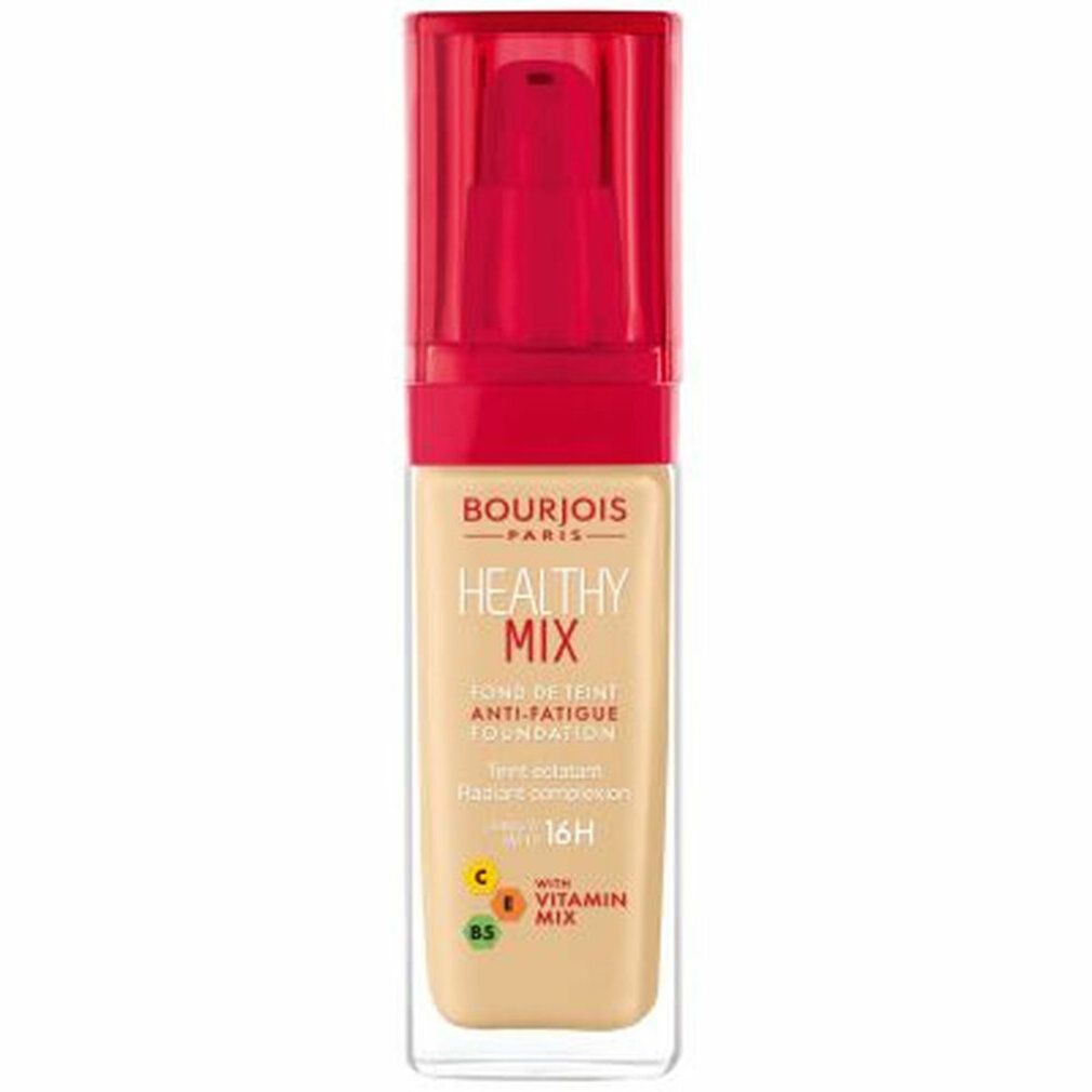 Flüssiges Make-up in einer transparenten Flasche mit rotem Deckel. Aufschrift: Healthy Mix, Anti-Fatigue Foundation. Enthält Vitamine.