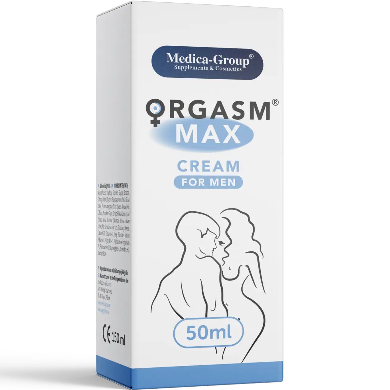 Verpackung. Aufschrift: ORGASM MAX CREAM FOR MEN. Abbildung: Mann und Frau. 50ml. Medica-Group. CE-Zeichen.