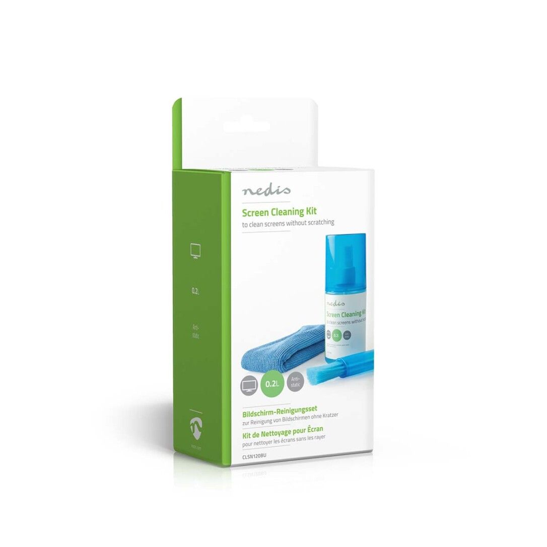 Verpackung mit Bildschirmreiniger-Kit. Enthält Sprühflasche, Mikrofasertuch und Bürste. Grün-weiße Verpackung mit Produktabbildung.