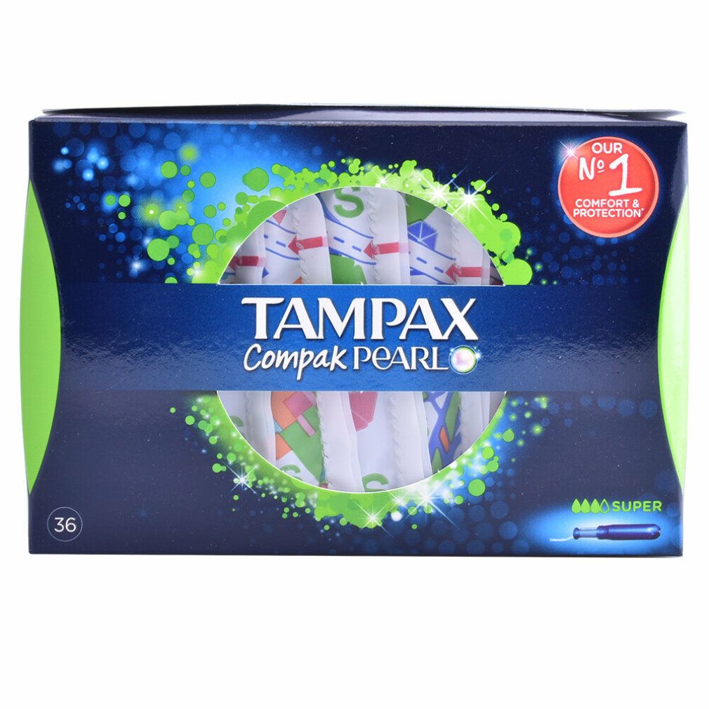 Verpackung von Tampax Compak Pearl Super, 36 Stück. Blaue Verpackung mit Produktnamen und Logo. Enthält Tampons.