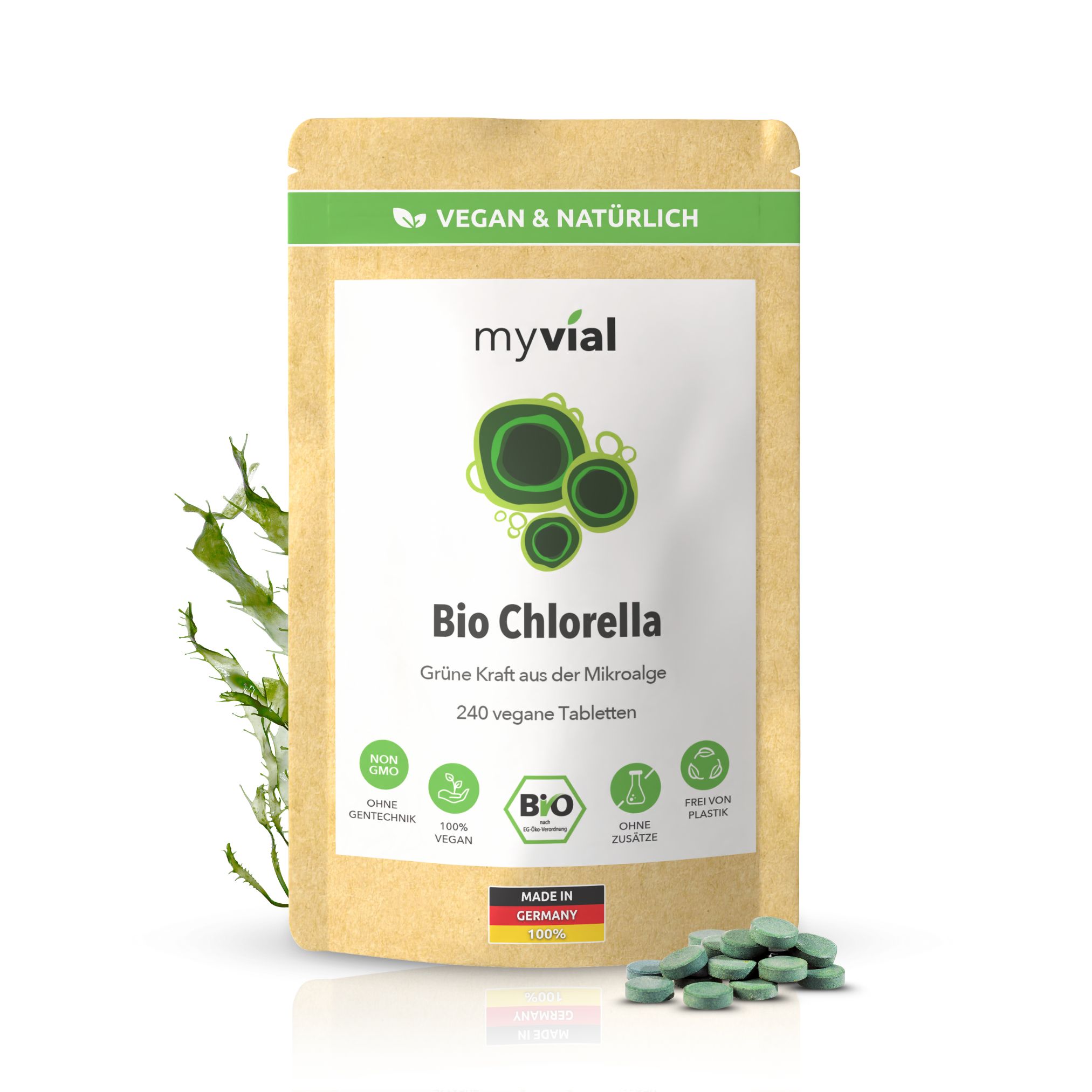 myvial® Bio Chlorella Tabletten Presslinge - 240 St mit Eisen & B12 vegan