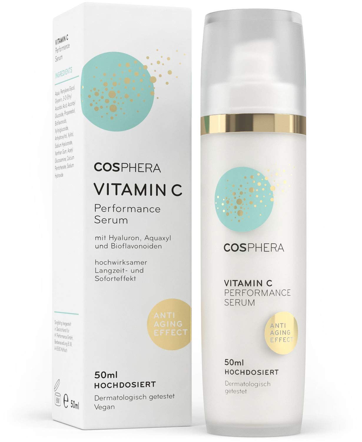 Cosphera Vitamin C Performance Serum Flasche und Faltschachtel, 50ml.