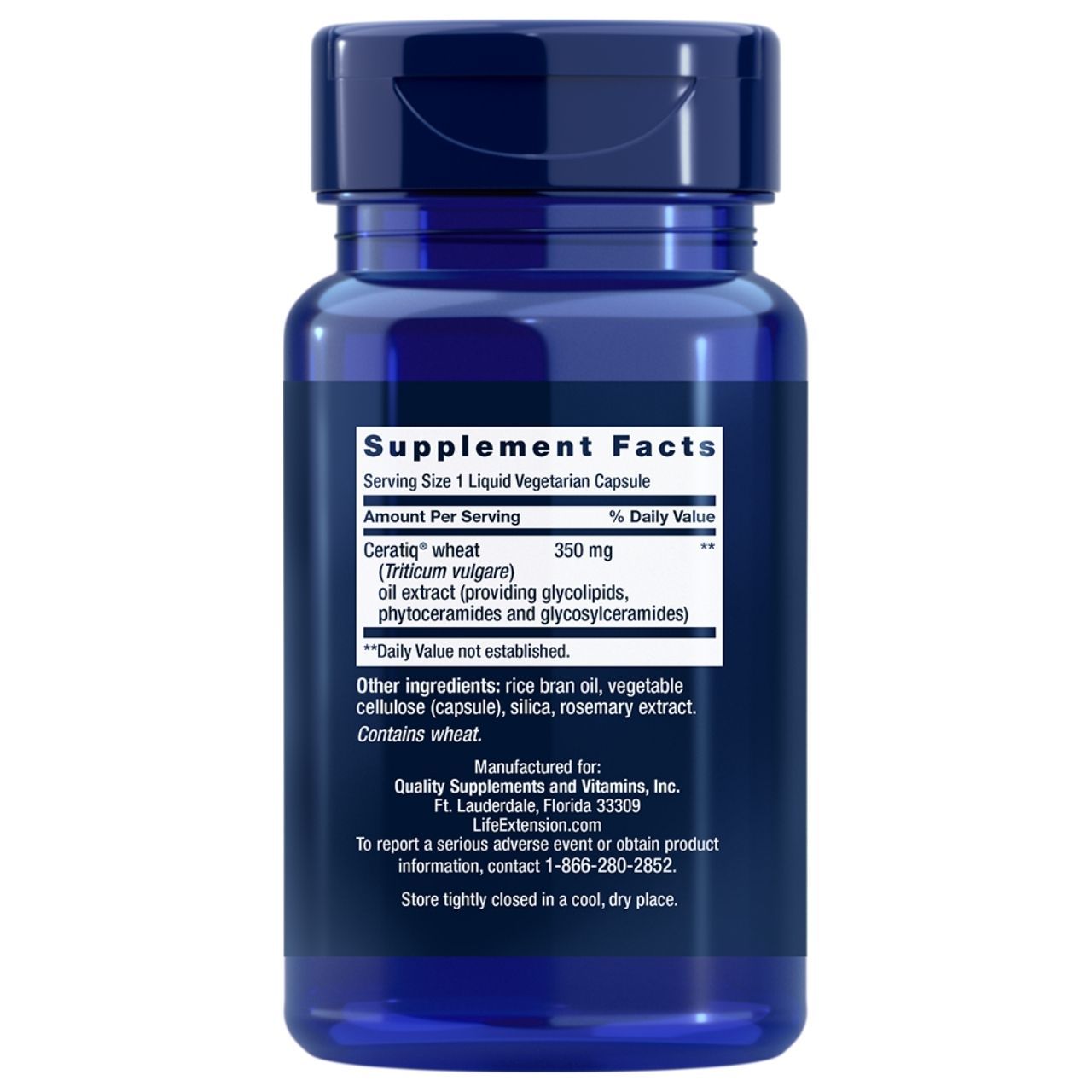 Rückseite der Life Extension Hautregenerierende Ceramide Flasche mit Nährwertangaben.