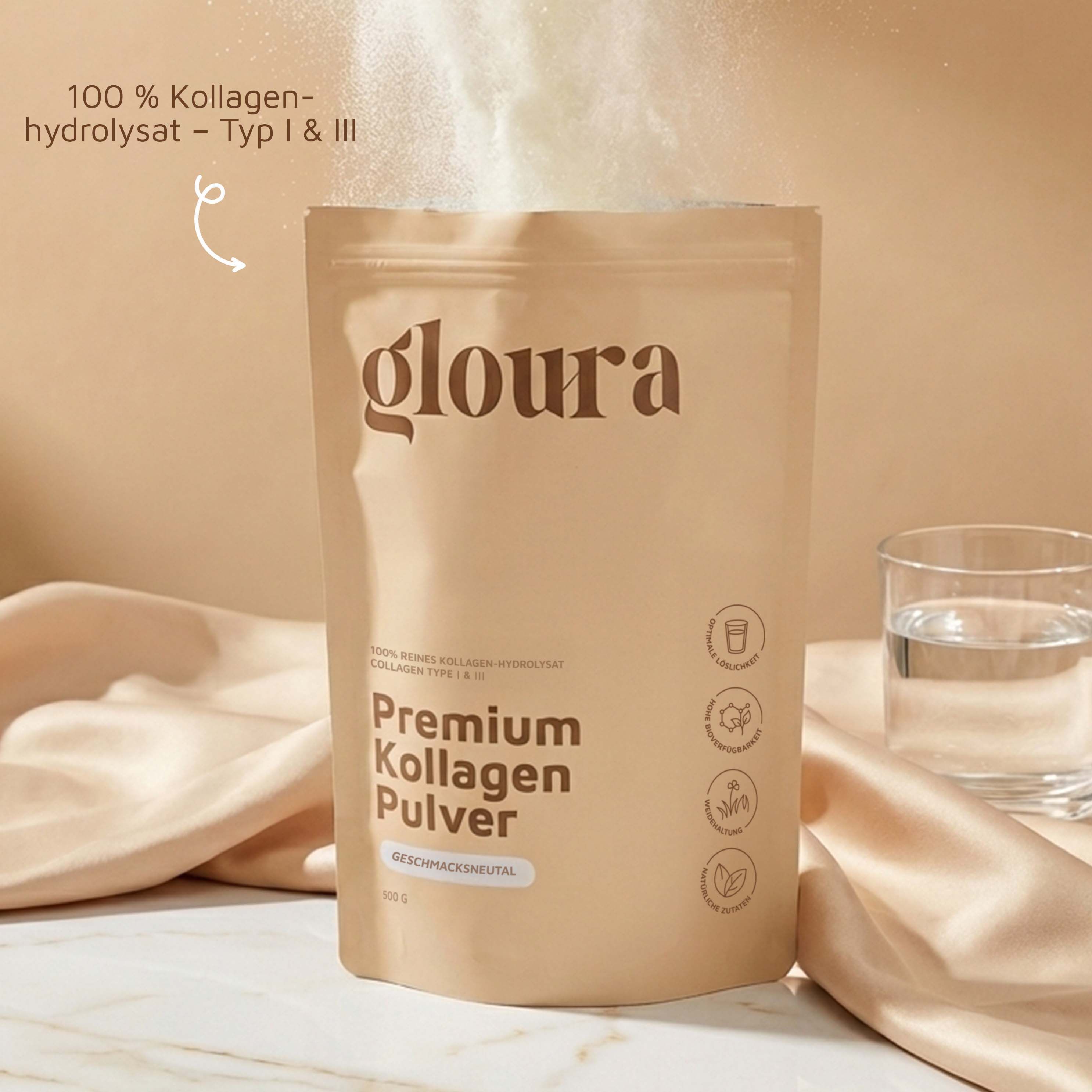 Packung und Glas Wasser. Text: Premium Kollagen Pulver, Geschmacksneutral.