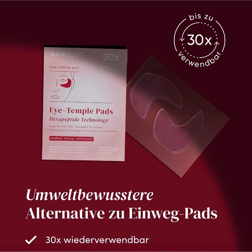 Verpackung von APRICOT Eye-Temple Pads. 30x wiederverwendbar. Umweltbewusste Alternative zu Einweg-Pads.