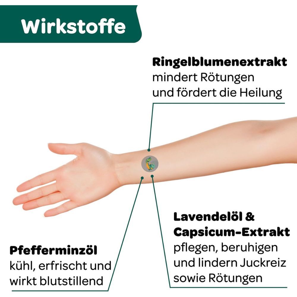 Arm mit Pflaster. Text: Ringelblumenextrakt, Lavendelöl & Capsicum-Extrakt, Pfefferminzöl. Wirkstoffe.