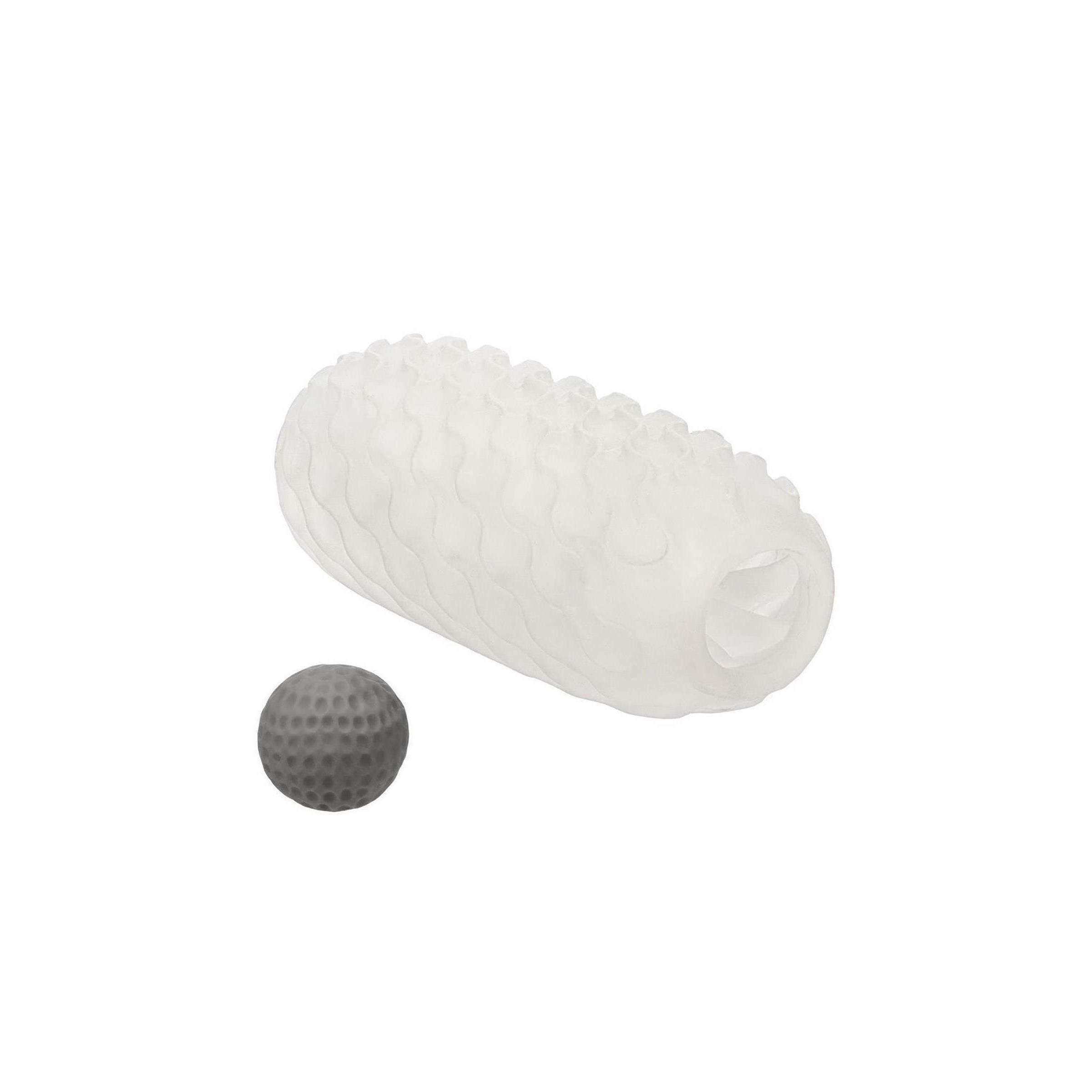 Weißes, längliches Produkt mit wellenförmiger Oberfläche und einer kleinen, grauen Kugel daneben.