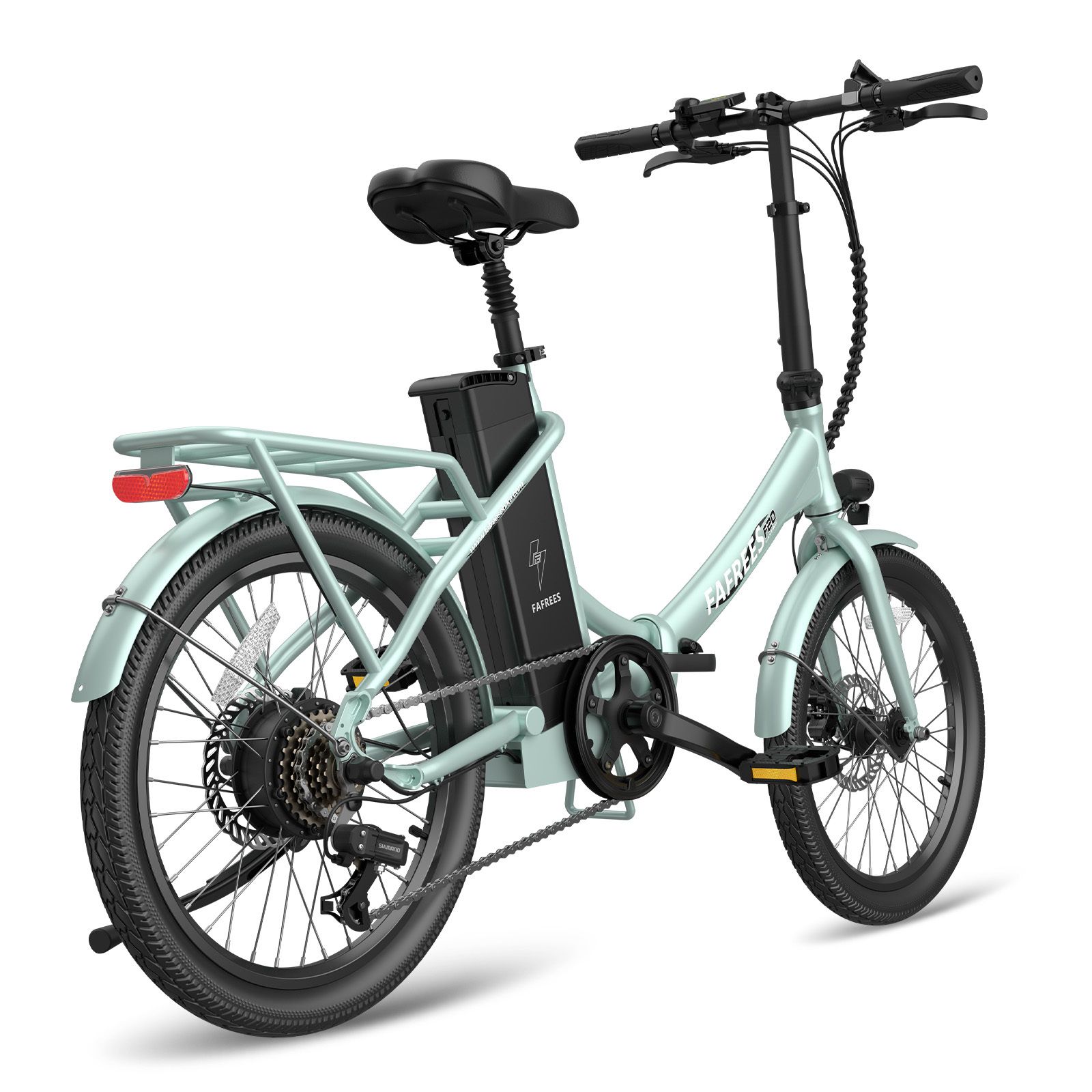 Hellgrünes Fafrees F20 E-Bike. Schwarze Reifen, Sattel und Lenker. Akku am Rahmen. Gepäckträger hinten.