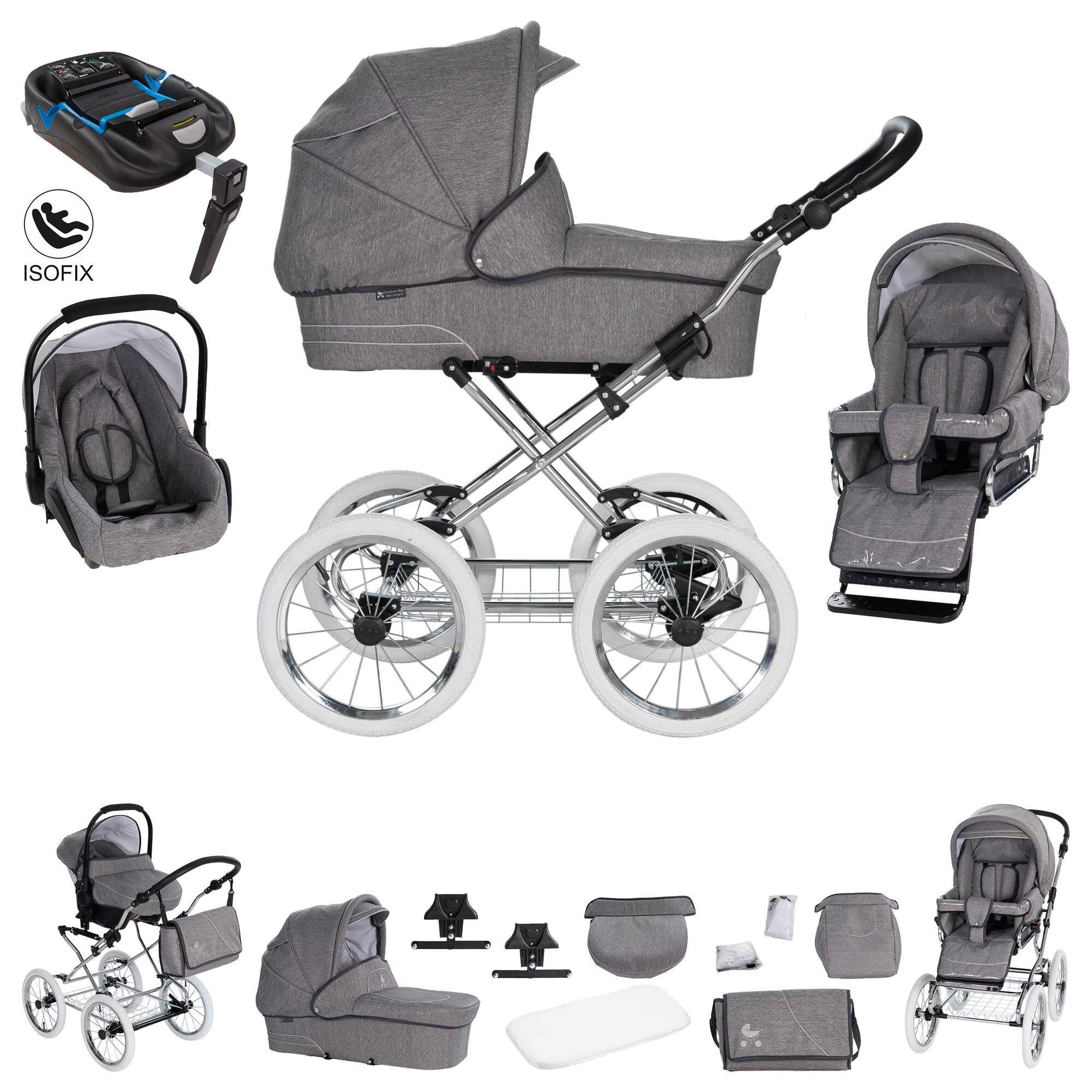 Kinderwagen-Set mit ISOFIX-Basis, grauem Stoff, Chromgestell und weißen Rädern. Enthält Babyschale und Zubehör.