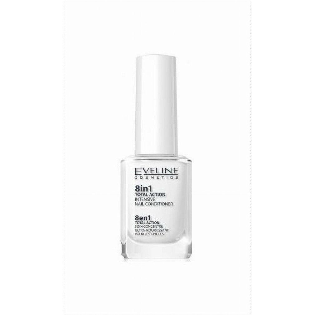 Nagelkur mit weißem Deckel. Aufschrift: Eveline Cosmetics, 8in1 Total Action Intensive Nail Conditioner.