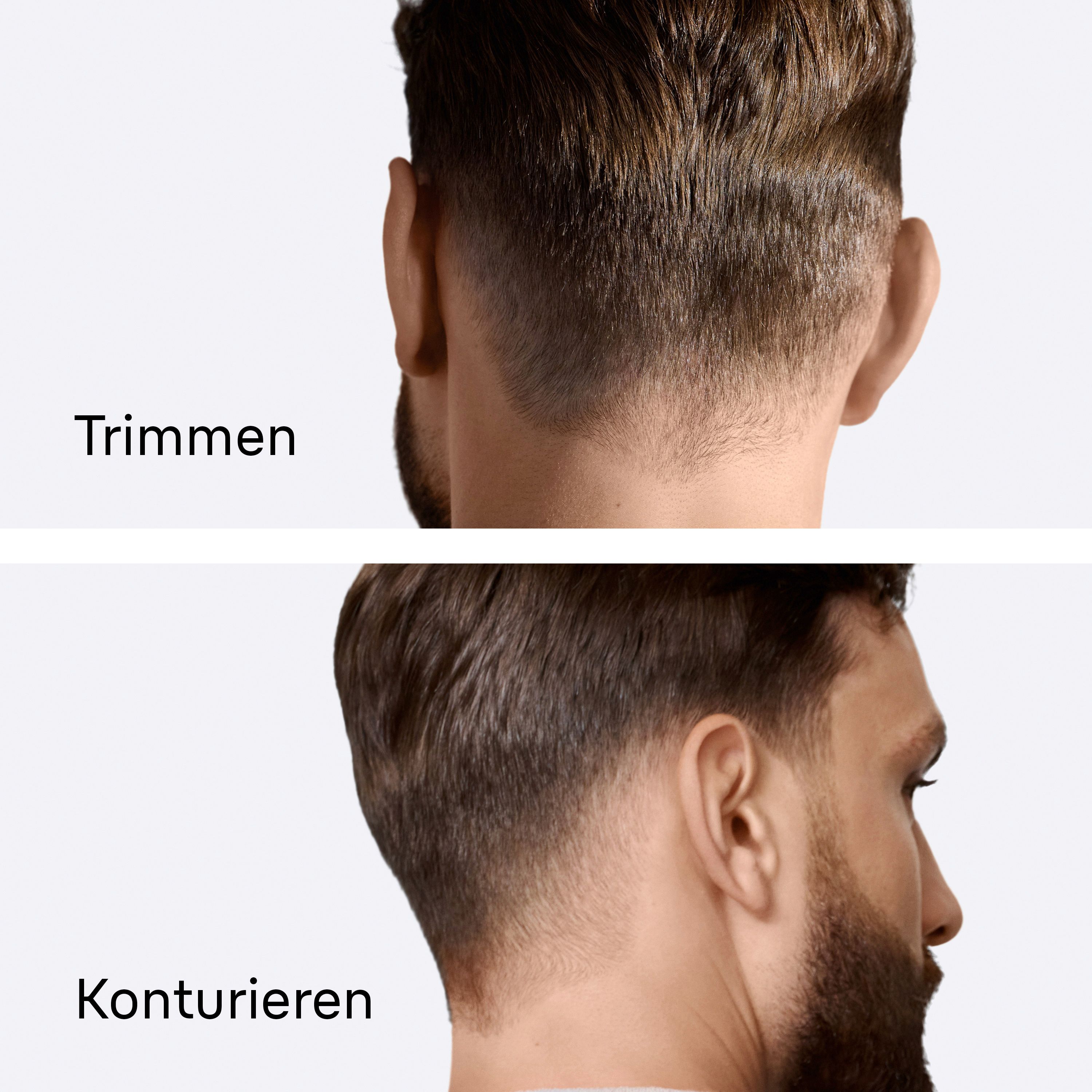 Zwei Beispiele für Haarschnitte: Trimmen und Konturieren. Gezeigt werden Ausschnitte von Männerköpfen.
