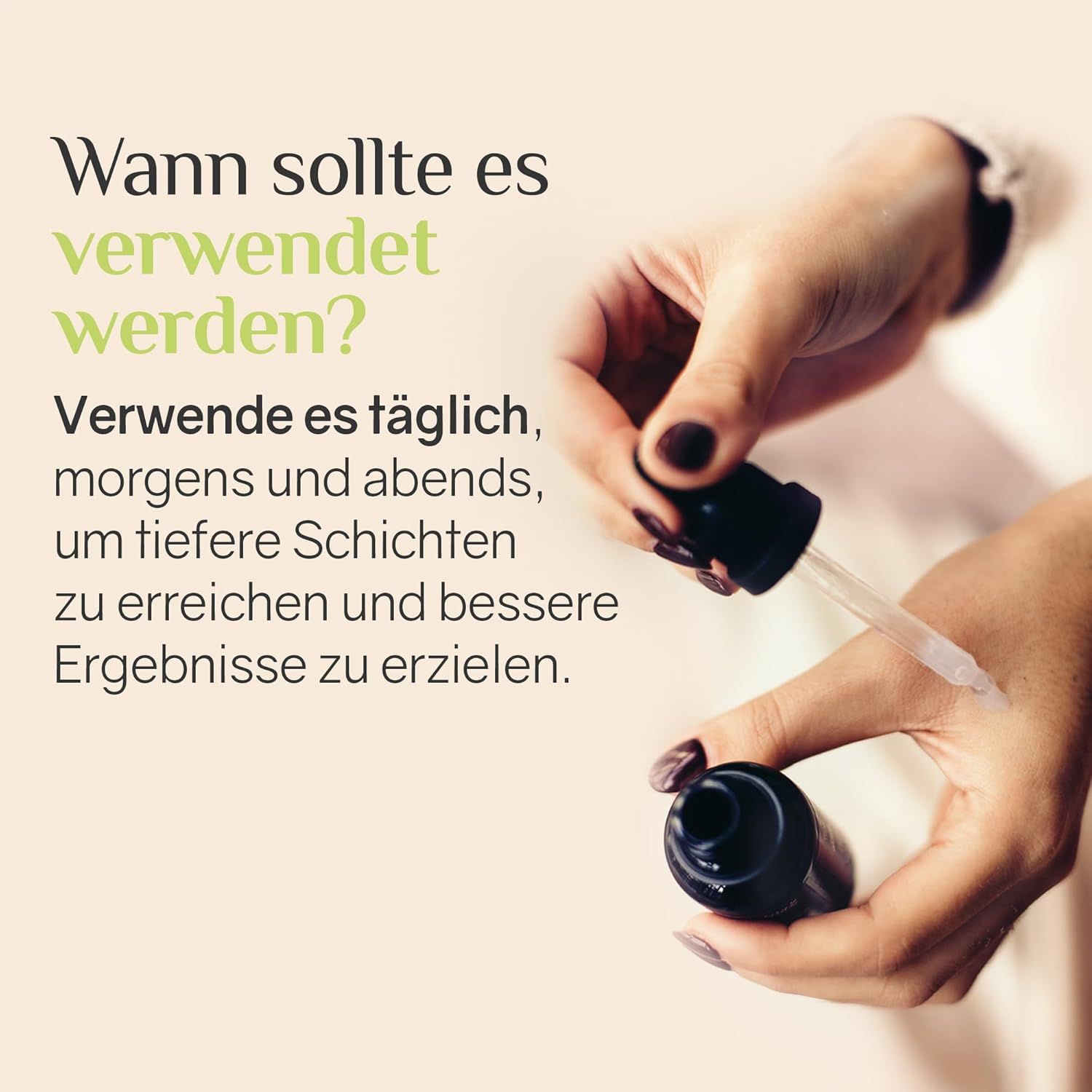 Hände halten Serumflasche und Pipette. Text: Täglich morgens und abends verwenden.