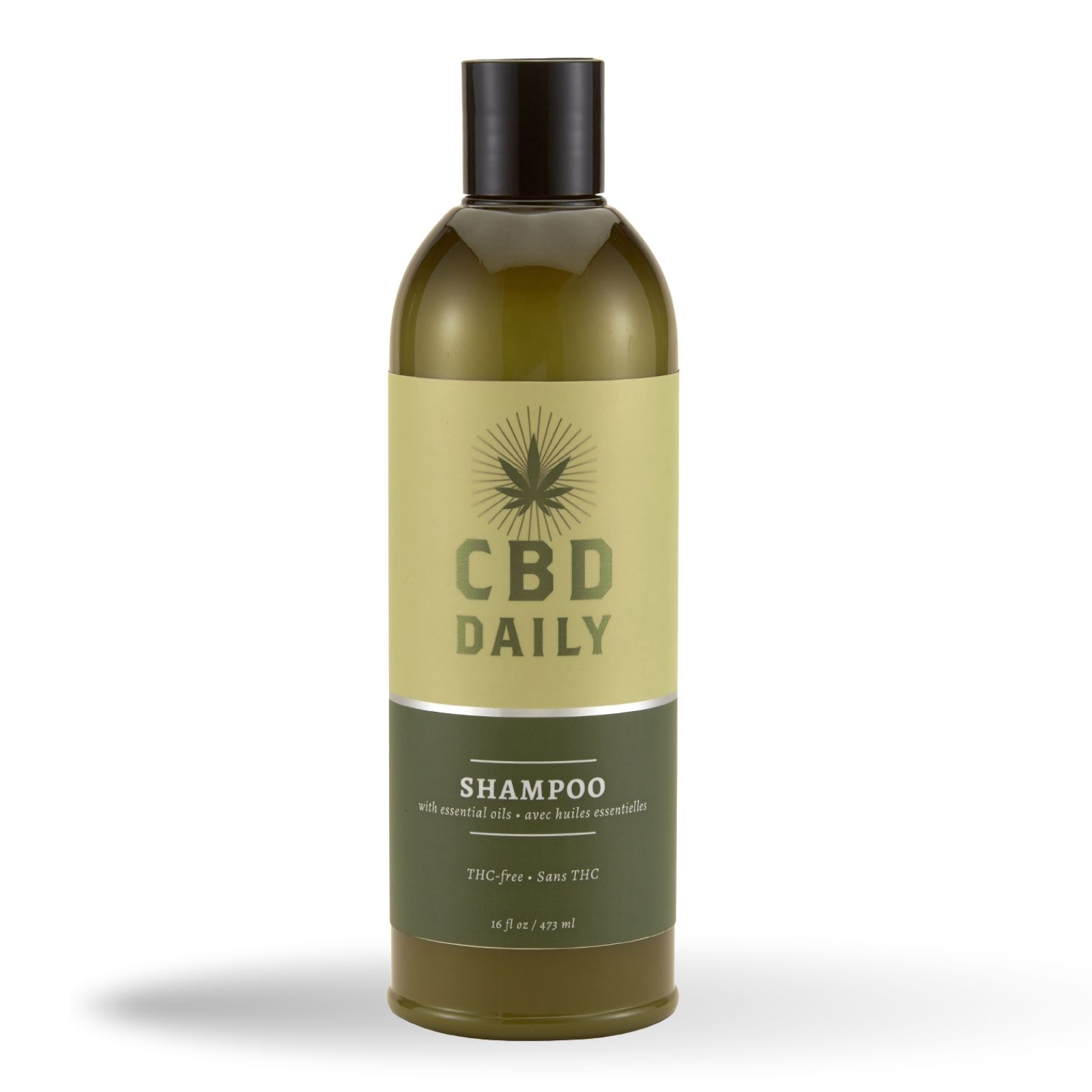 Grüne Flasche mit CBD-Shampoo. Schwarzer Deckel. Text: CBD DAILY, SHAMPOO, THC-frei.