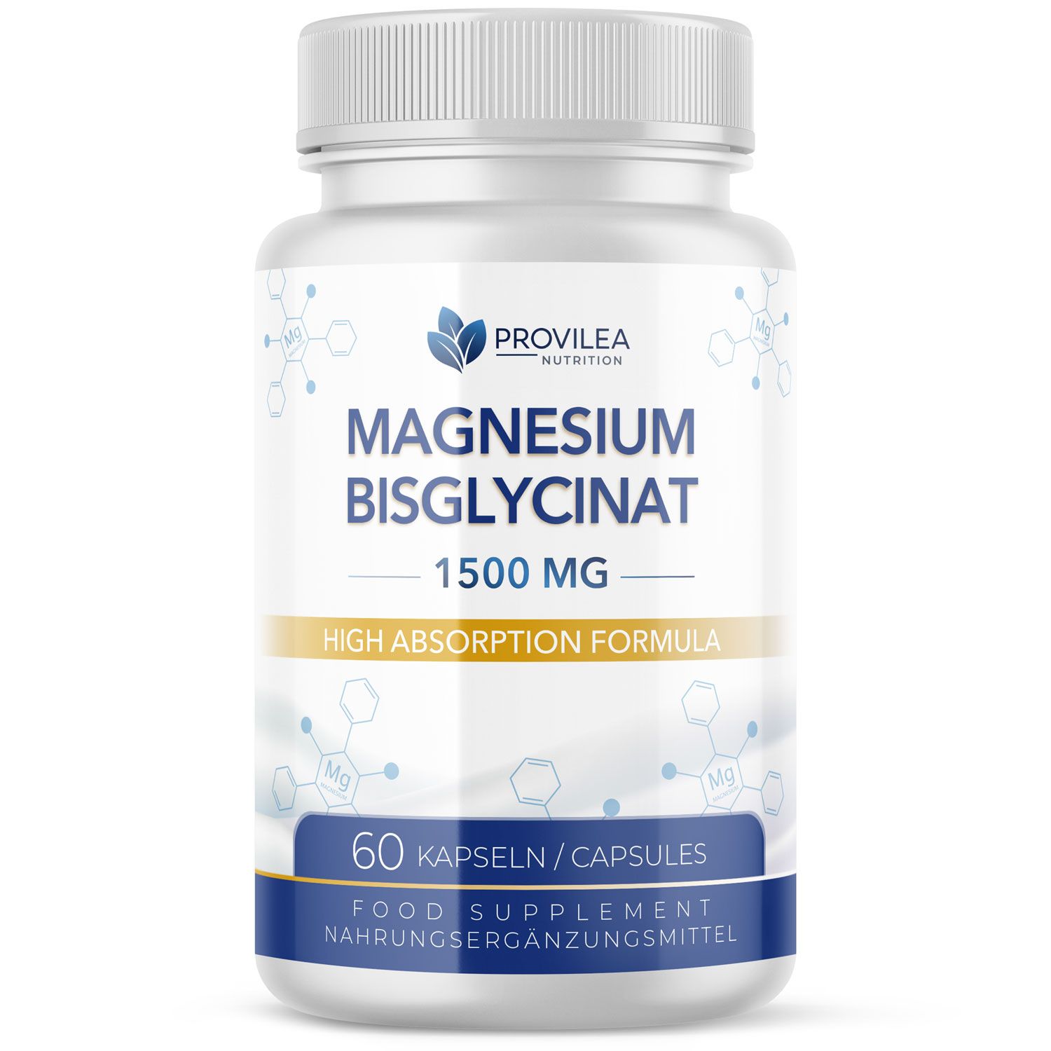 Weiße Flasche mit Kapseln. Aufschrift: Magnesiumbisglycinat 1500 MG, 60 Kapseln. Marke: Provilea Nutrition.