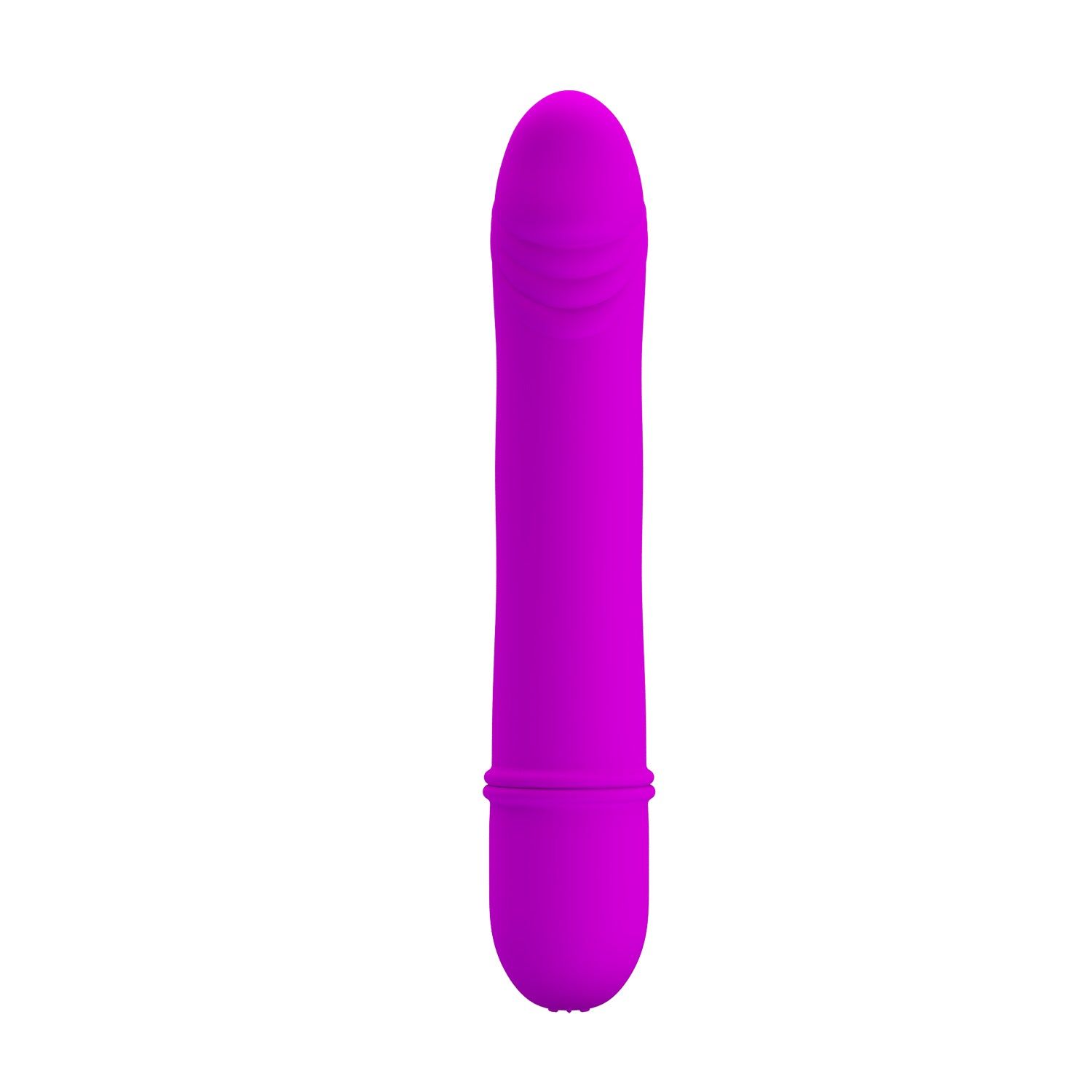 Lila Vibrator mit abgerundeter Form. Oberteil mit geriffelter Textur. Unterteil mit abgerundeter Basis.