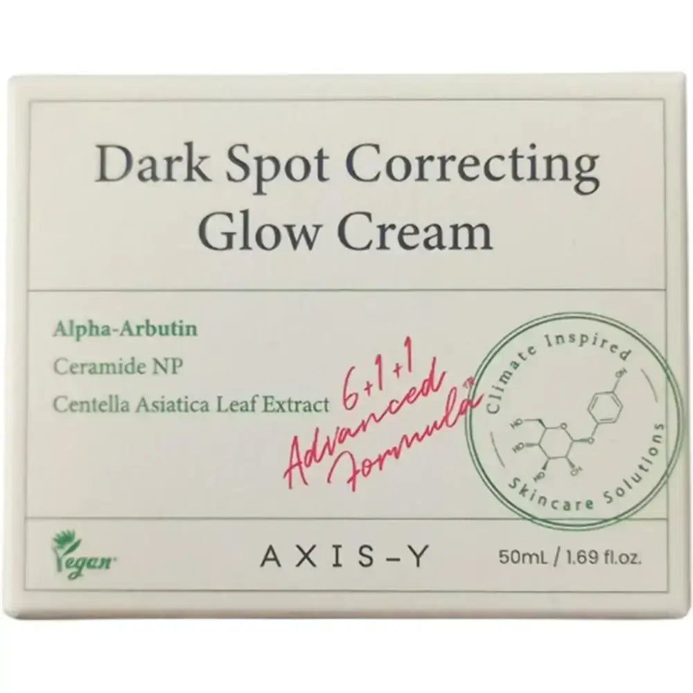 Verpackung AXIS-Y Dark Spot Correcting Glow Cream. Text: Alpha-Arbutin, Ceramide NP, Centella Asiatica. Vegan-Siegel.