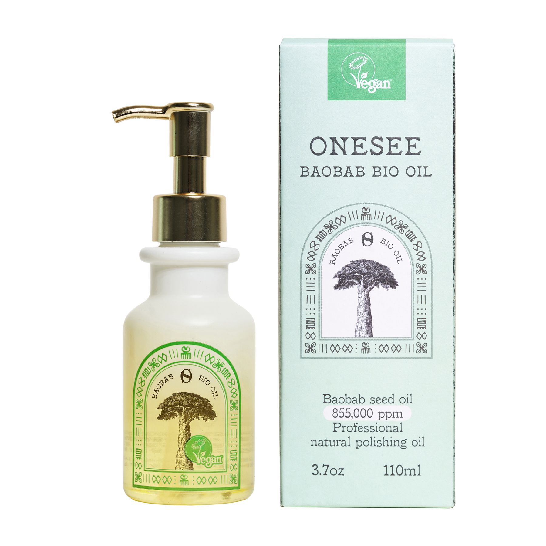 Flacone e scatola Onesee Baobab Bio Oil. Pompa sul flacone. Sigillo vegano. Testo: Baobab Seed Oil, 110 ml.