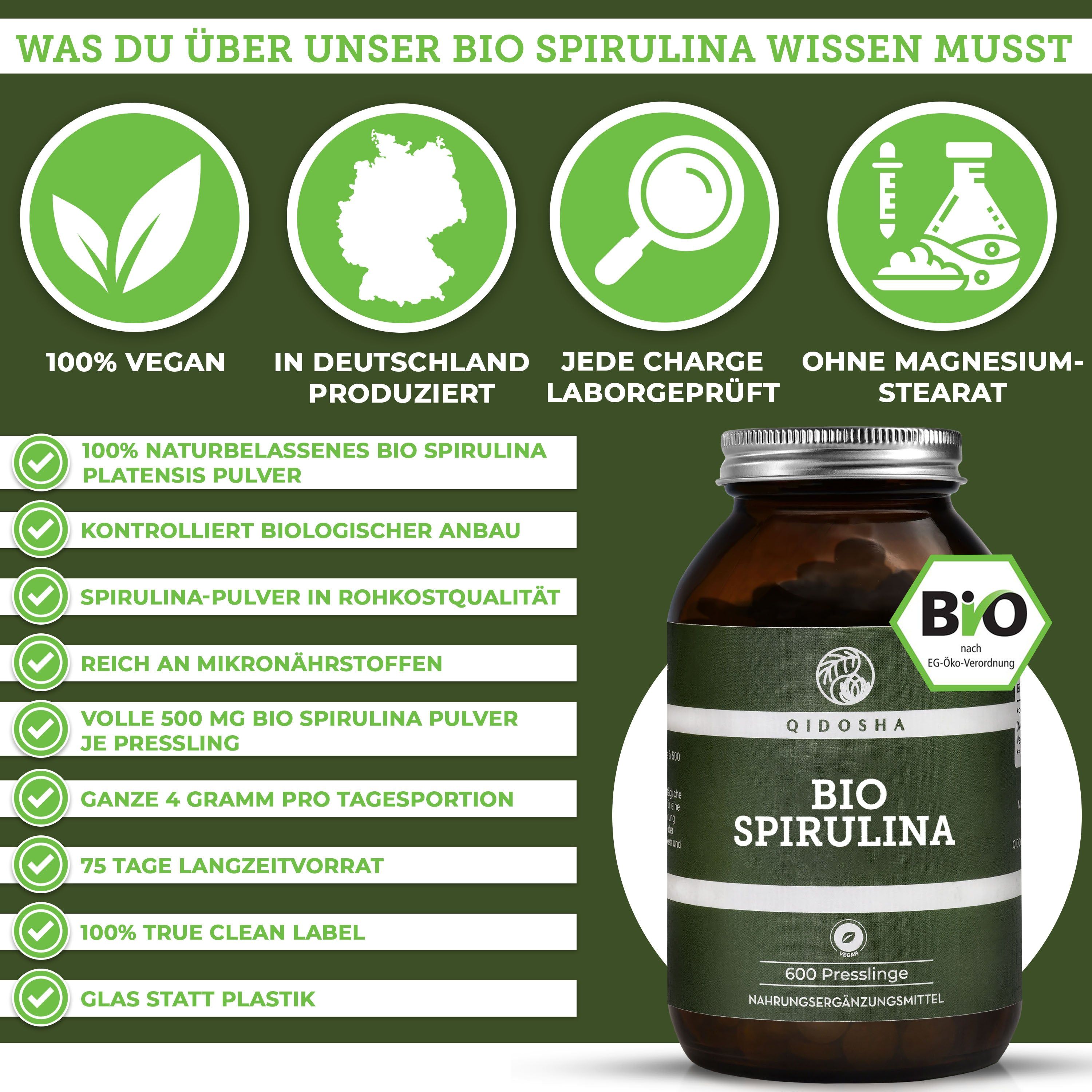 Qidosha Bio Spirulina Presslinge in Braunglasflasche, 600 Stück. 100% Vegan, Labor geprüft, ohne Magnesiumstearat.