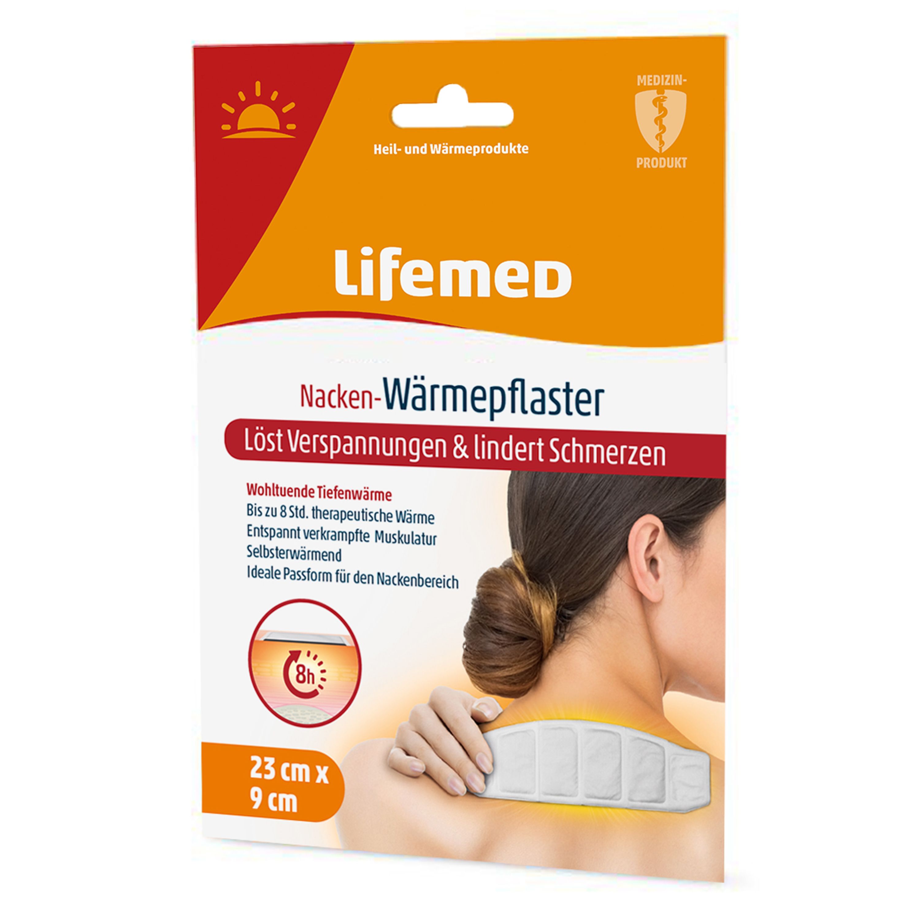 Verpackung von Lifemed Nacken-Wärmepflaster. Zeigt das Produkt am Hals einer Person. Maße: 23 cm x 9 cm. Text: Löst Verspannungen & lindert Schmerzen.