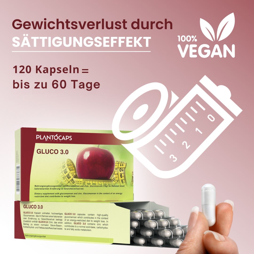 Schachtel mit plantoCAPS GLUCO 3.0, Kapseln und Hand. Text: 120 Kapseln, vegan. Illustration: Maßband, Apfel, Kapsel.