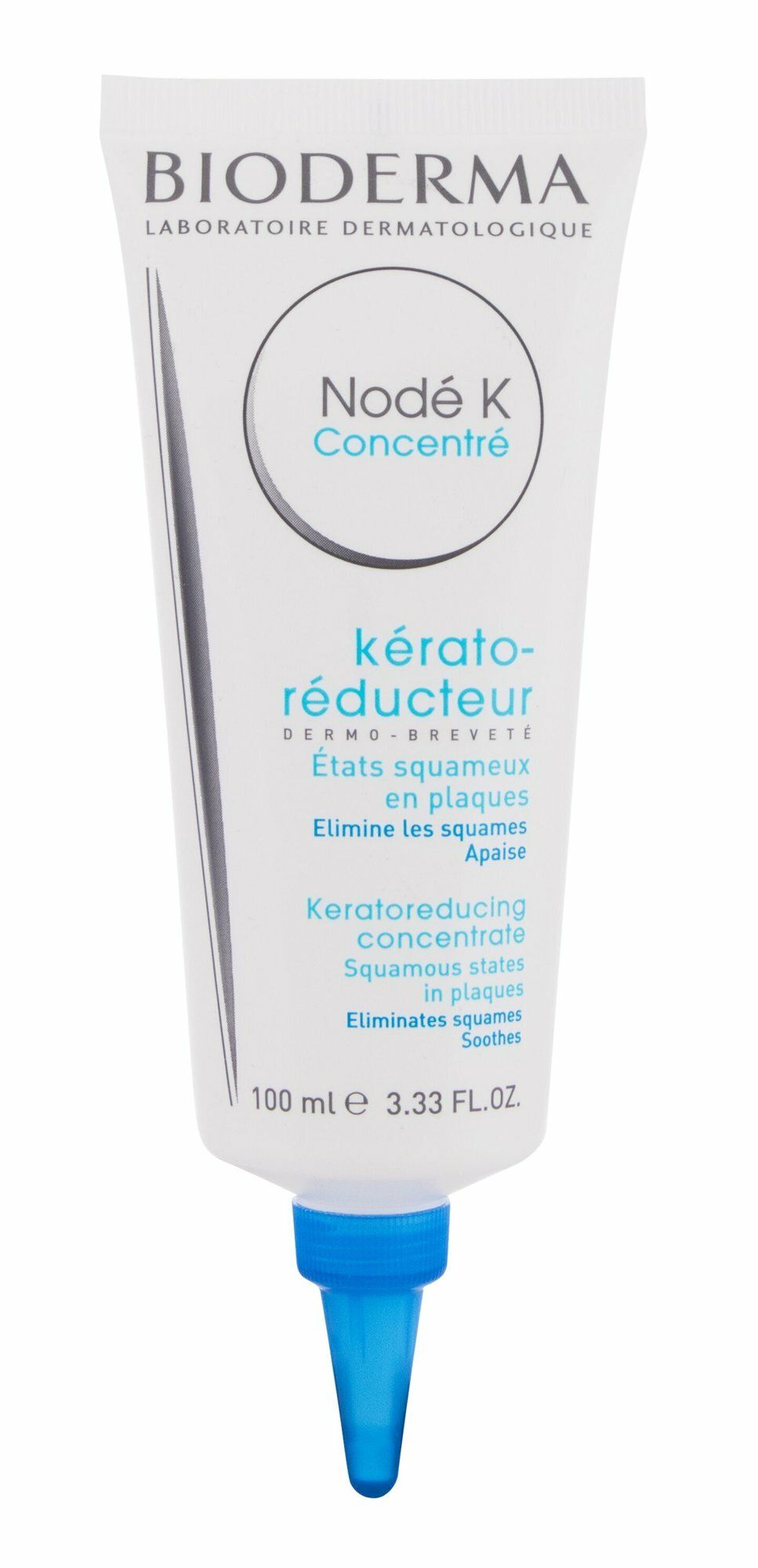 BIODERMA Node K Concentré. Weißer Tube mit blauer Spitze. Text: Node K Concentré, kérato-réducteur, 100 ml.