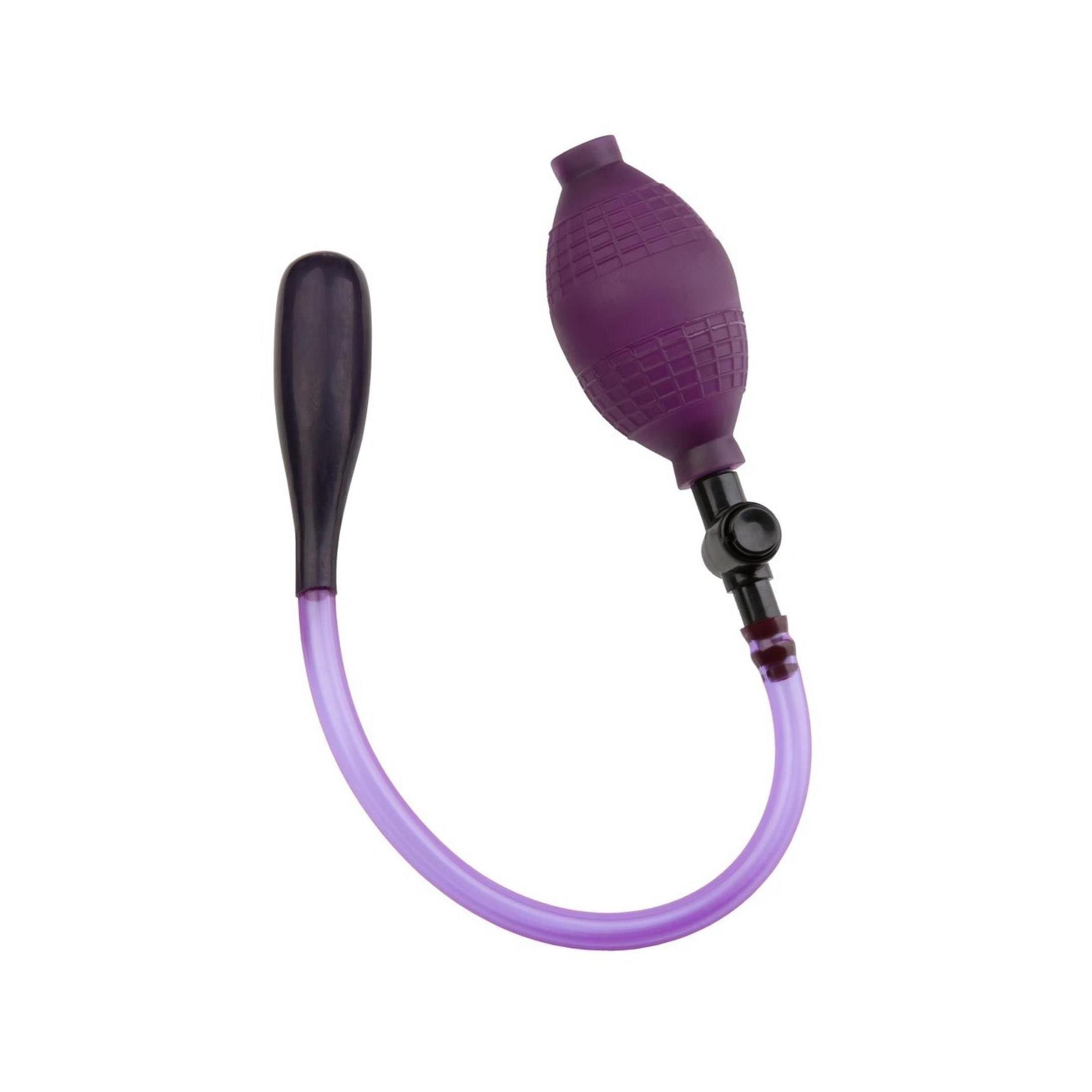Analplug mit Handpumpe, lila und schwarz. Besteht aus einem Plug, einem Schlauch und einer Pumpe.