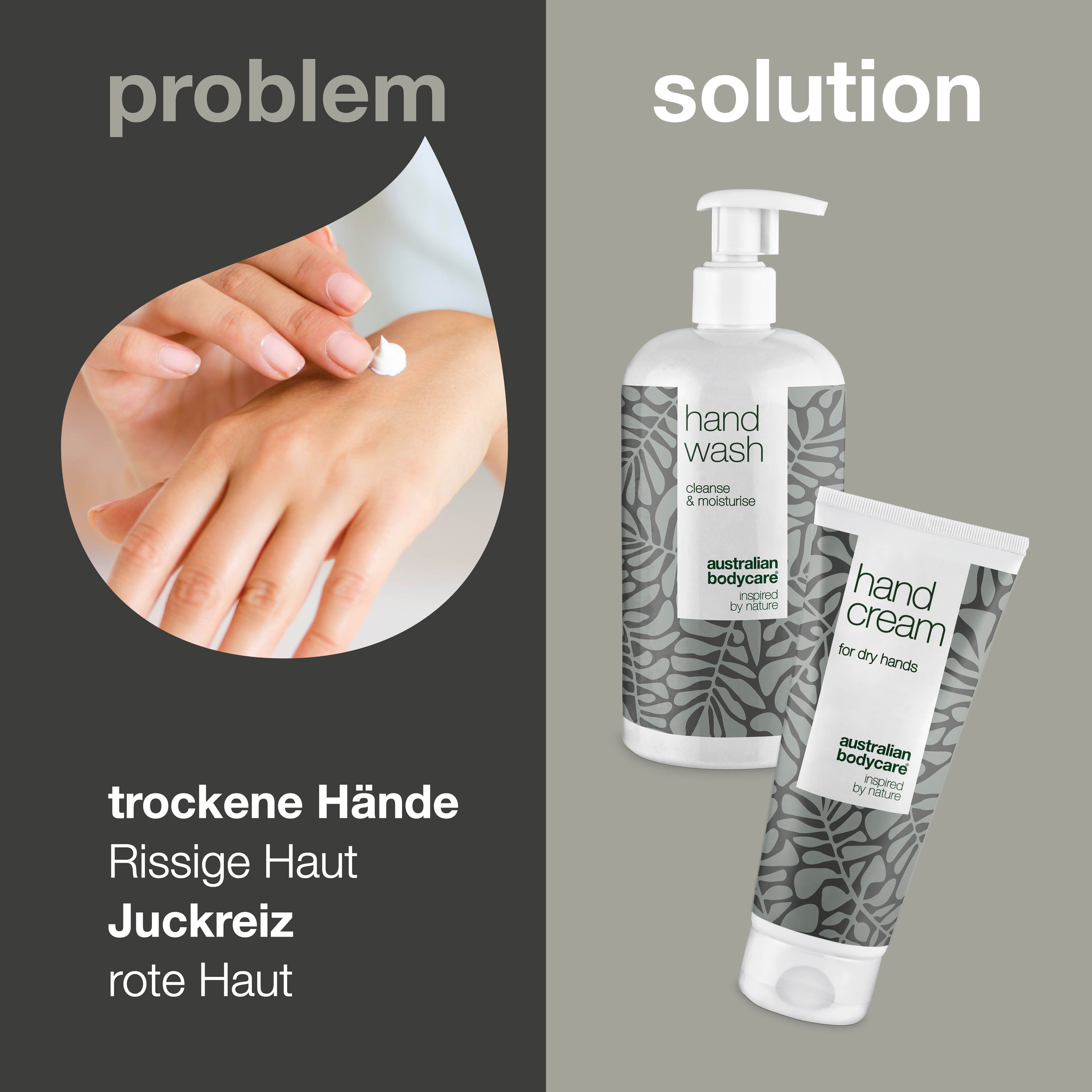 Bild zeigt eine Hand, die Creme aufträgt. Daneben Handwaschmittel und Handcreme. Text: trockene Hände, rissige Haut, Juckreiz.